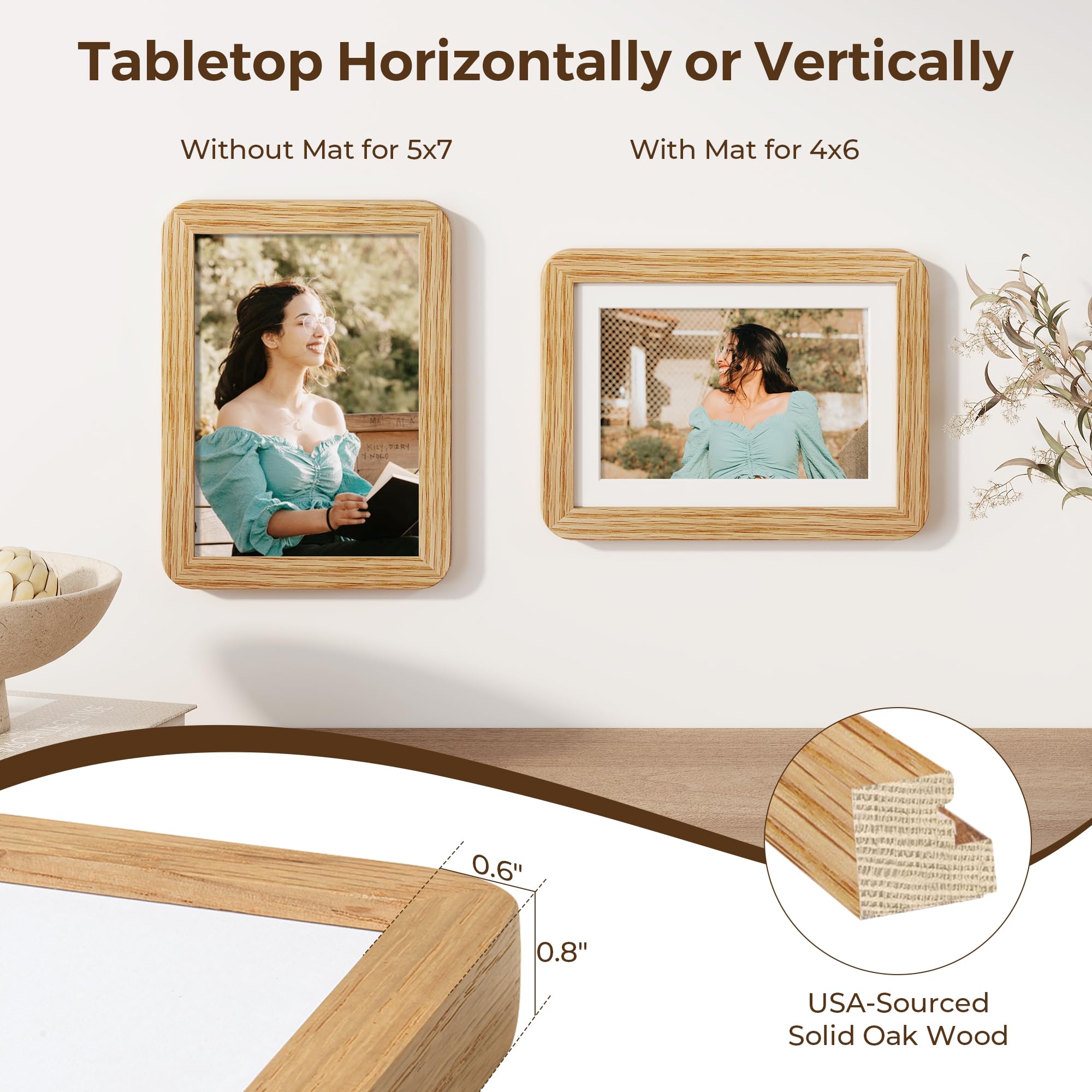 5x7 Picture Frame Set of 3, 5 by 7 Photo Frames for Wall & Tabletop Display, Solid Oak Wood Frames with Plexiglass, 5x7 Frame Ma