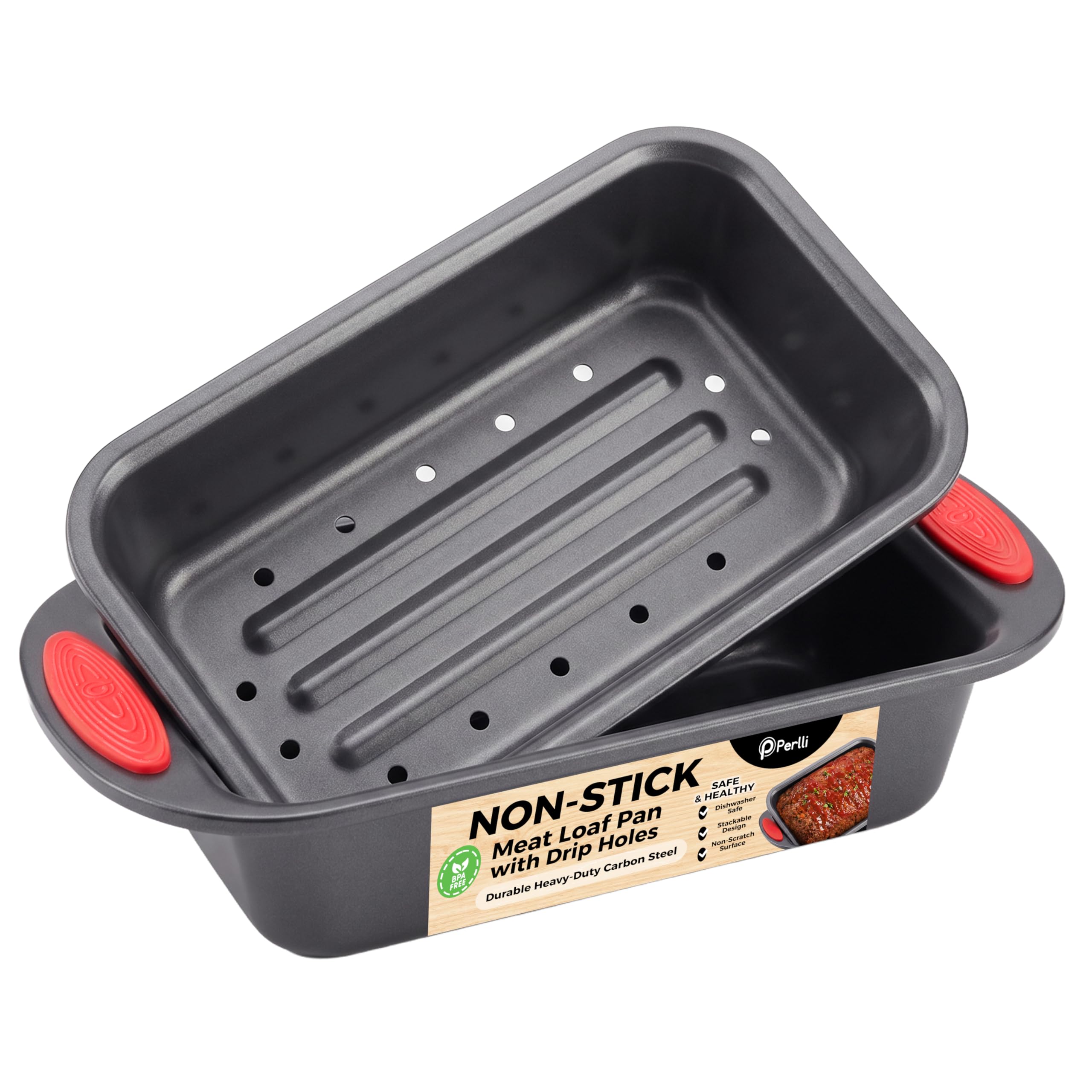 PERLLI Nonstick Meatloaf Pan with Drain Tray, Elevated Inner Pan for Fat and Grease Removal, Easy Grip Silicone Handles, Dishwas