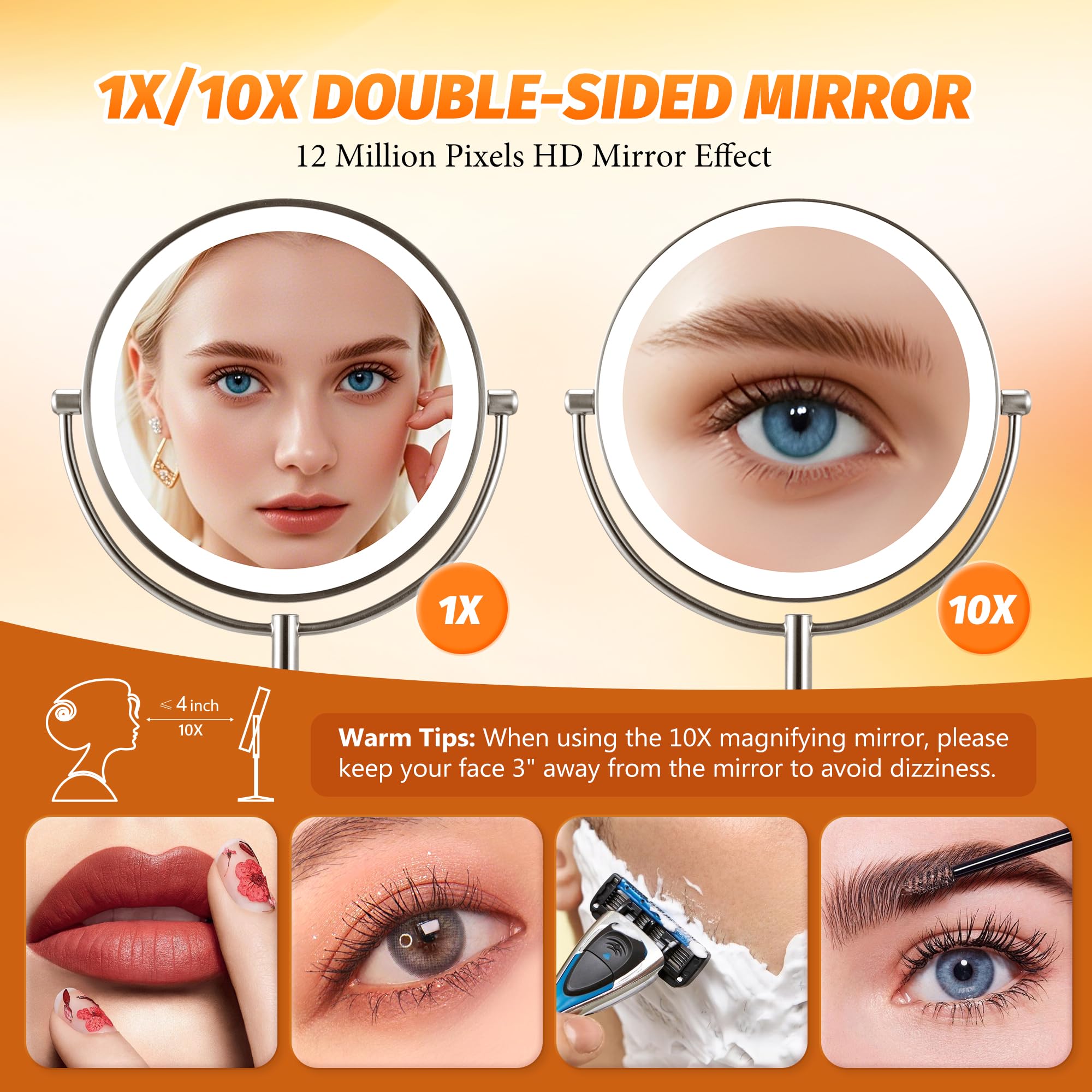 Lighted Makeup Mirror With Magnification: 1X/10X Magnifying Vanity Mirror With 3 Color Dimmable Light, 9'' Large Rechargeable St