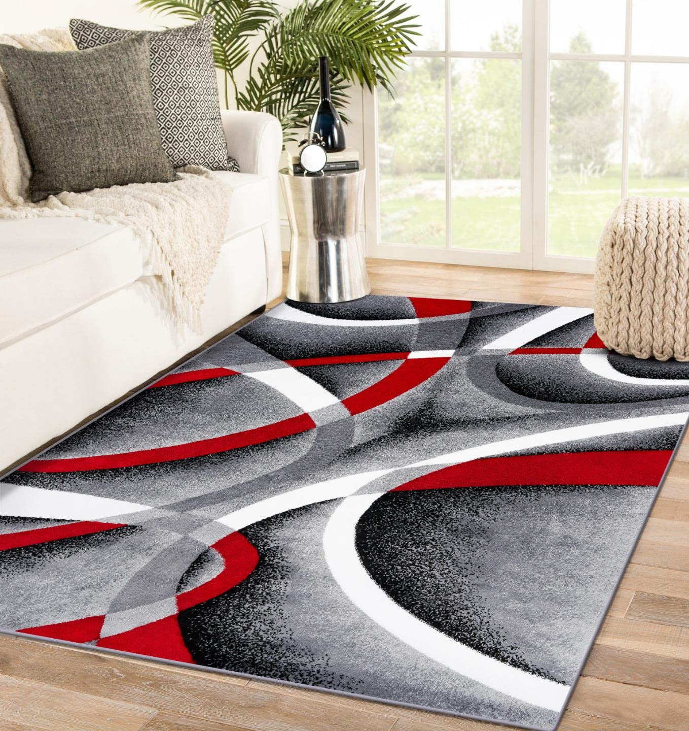2305 Gray Black Red White Swirls 65 x 92 Modern Abstract Area Rug Carpet