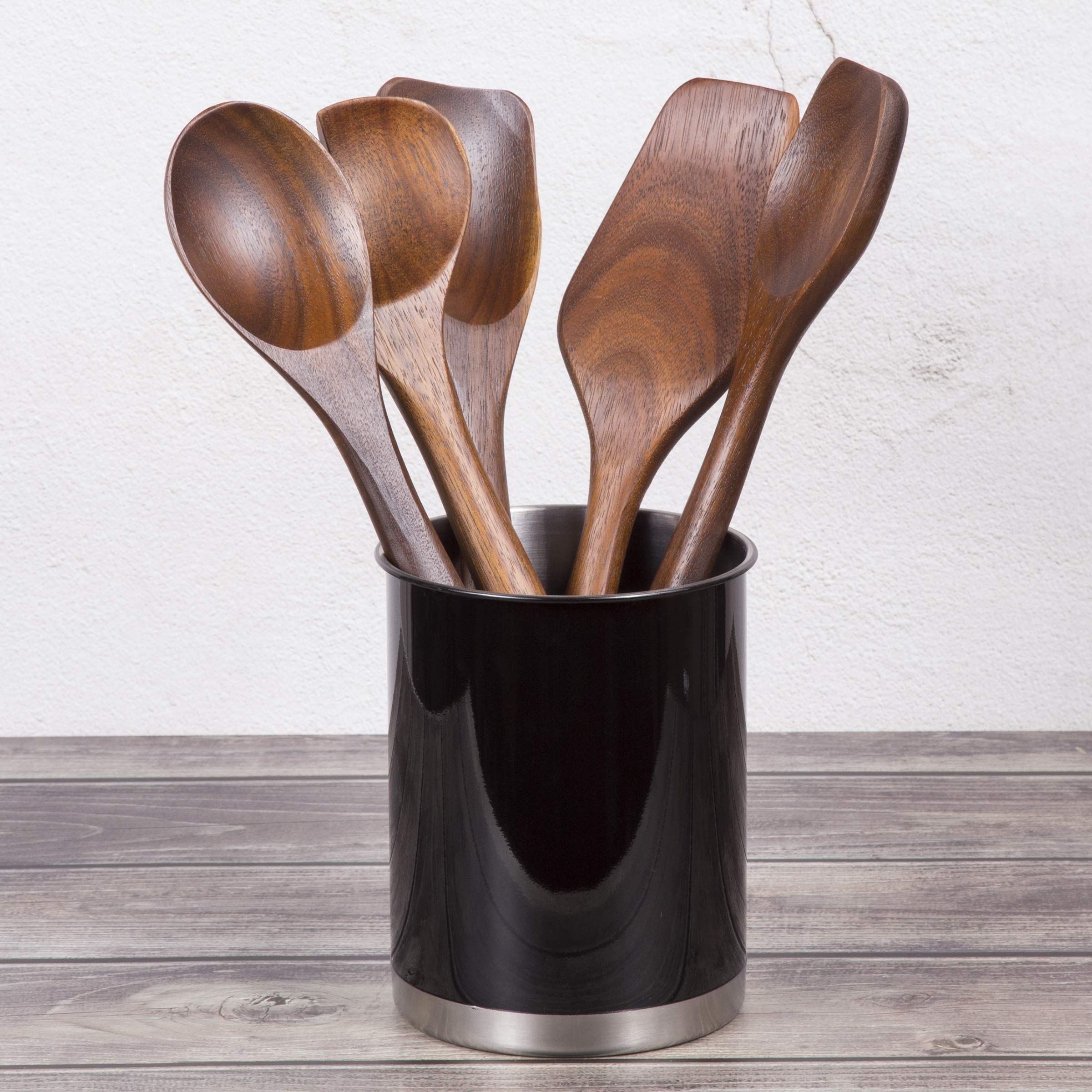 Creative Home Heavy Gauge Weighted Base Stainless Steel Tool Crock Utensil Holder Flatware Organizer  Large  5'' Diam. x 6.3'' H  Black