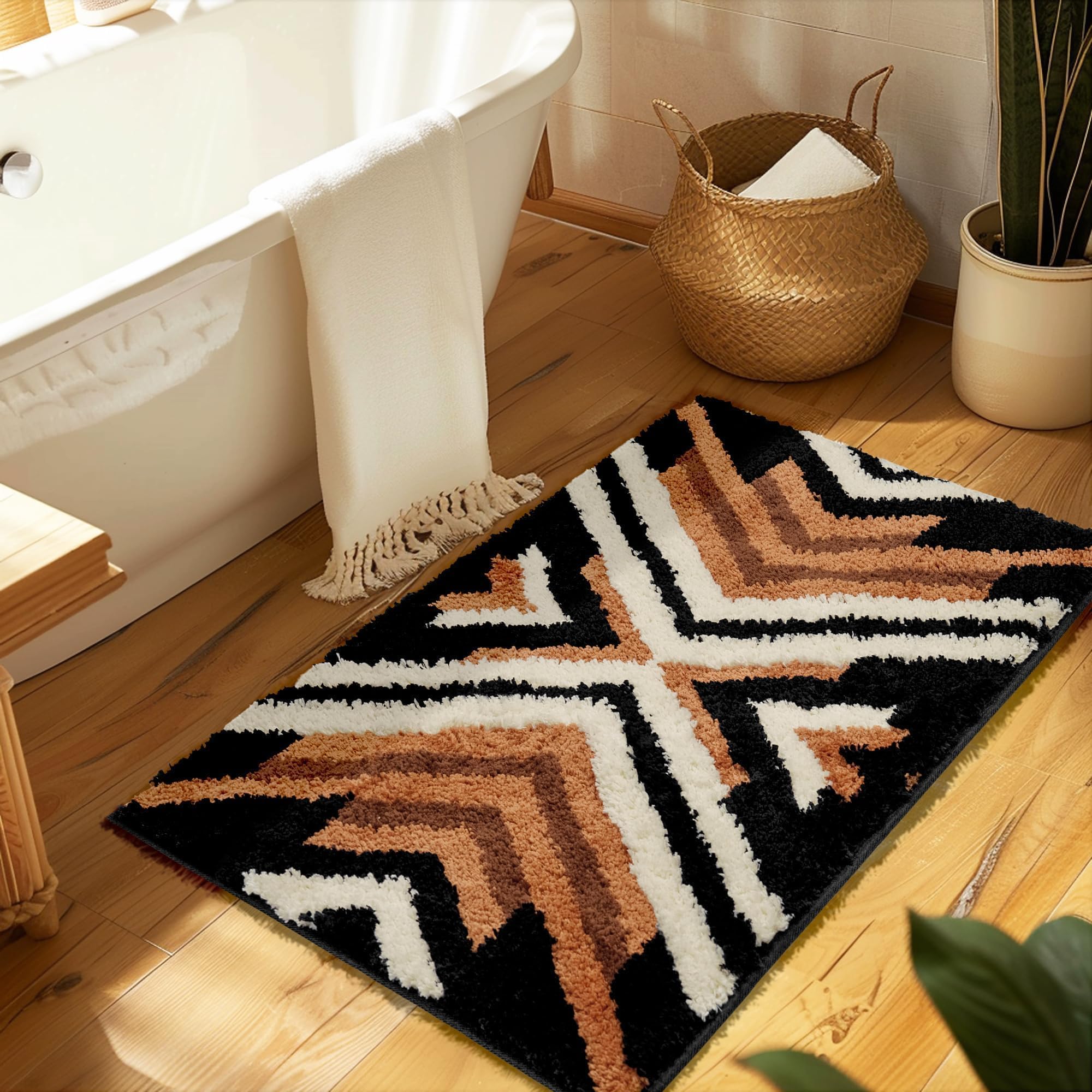 Tyrot Black Boho Bathroom Rugs Non Slip Washable Western Aztec Bath Mats Rugs For Bathroom Floor Fluffy Plush Soft Absorbent Far