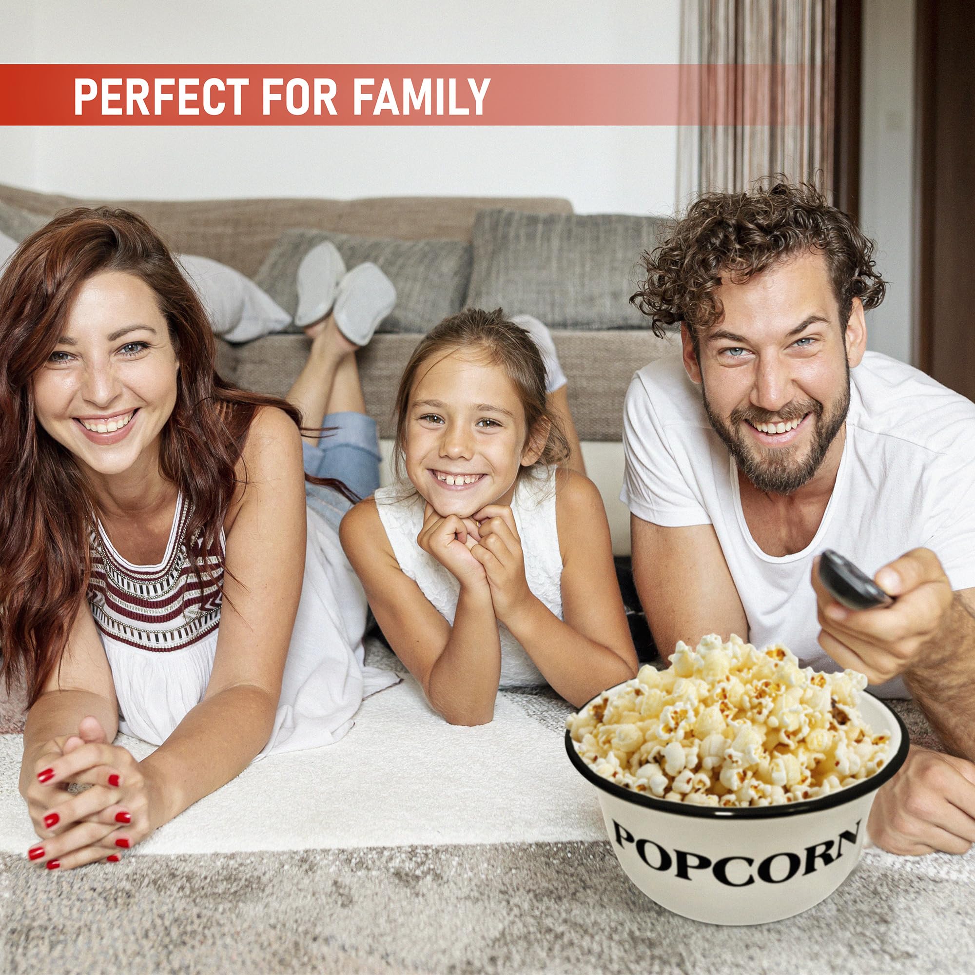 Cwi 3.7-Quart Enamelware Popcorn Bowl - Round White Dish With Black Touches For Cinema Nights And Camping - Classic White With B