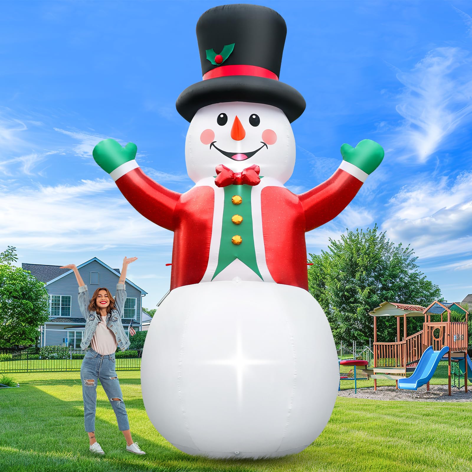 FunFanso 12 FT Christmas Inflatable Giant Snowman Outdoor Decorations, Blow up Snow Man Wear Magic Hat & Red Suit, Built-in Brig