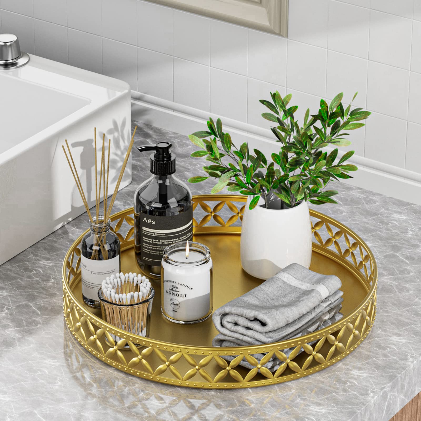 Eknitey Bathroom Counter Vanity Tray - Perfume Makeup Tray For Dresser Tops Gold Round Serving Tray Candle Decorative Storage Tr