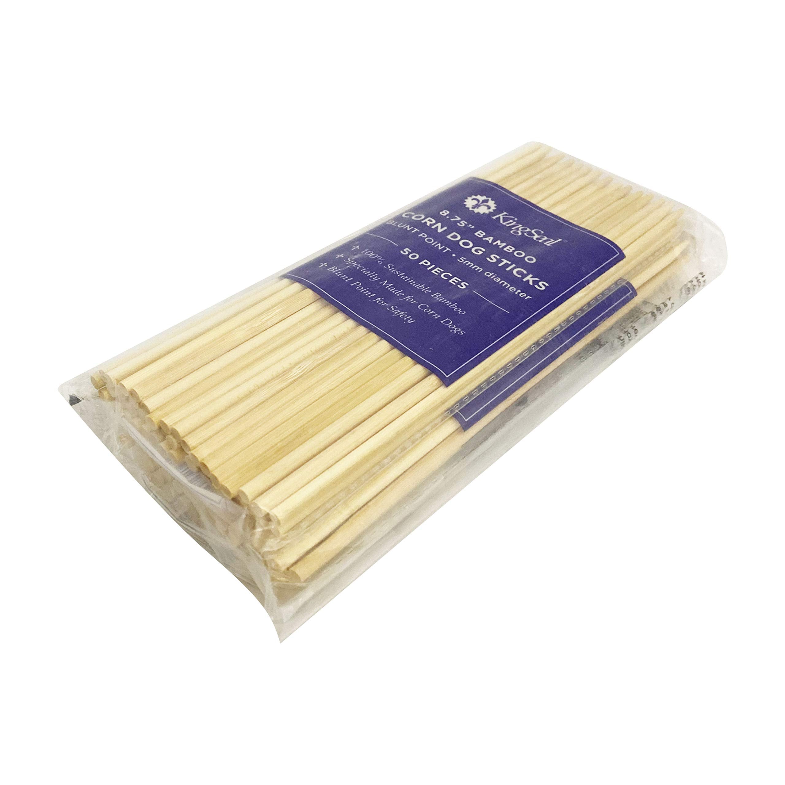 KingSeal Bamboo Wood Corn Dog Skewers  Sticks  8.75 Inches x 5 mm Diameter  Blunt Point for Safety  Retail Pack - 2 Bags of 50 Skewers (100 Count)