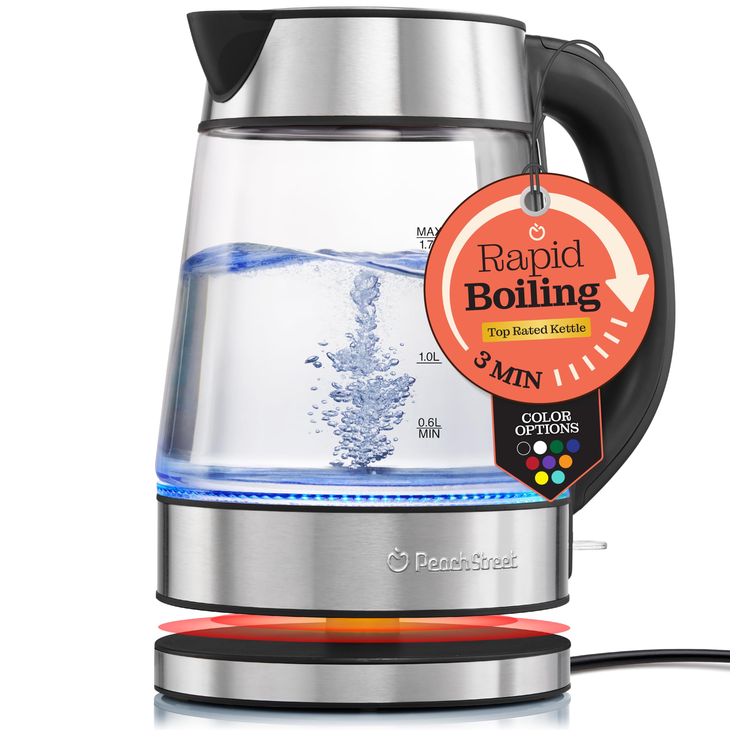 SpeedBoil Electric Kettle For Coffee & Tea  1.7L Water Boiler 1500W, Borosilicate Glass, Easy Clean Wide Opening, Auto ShutOf