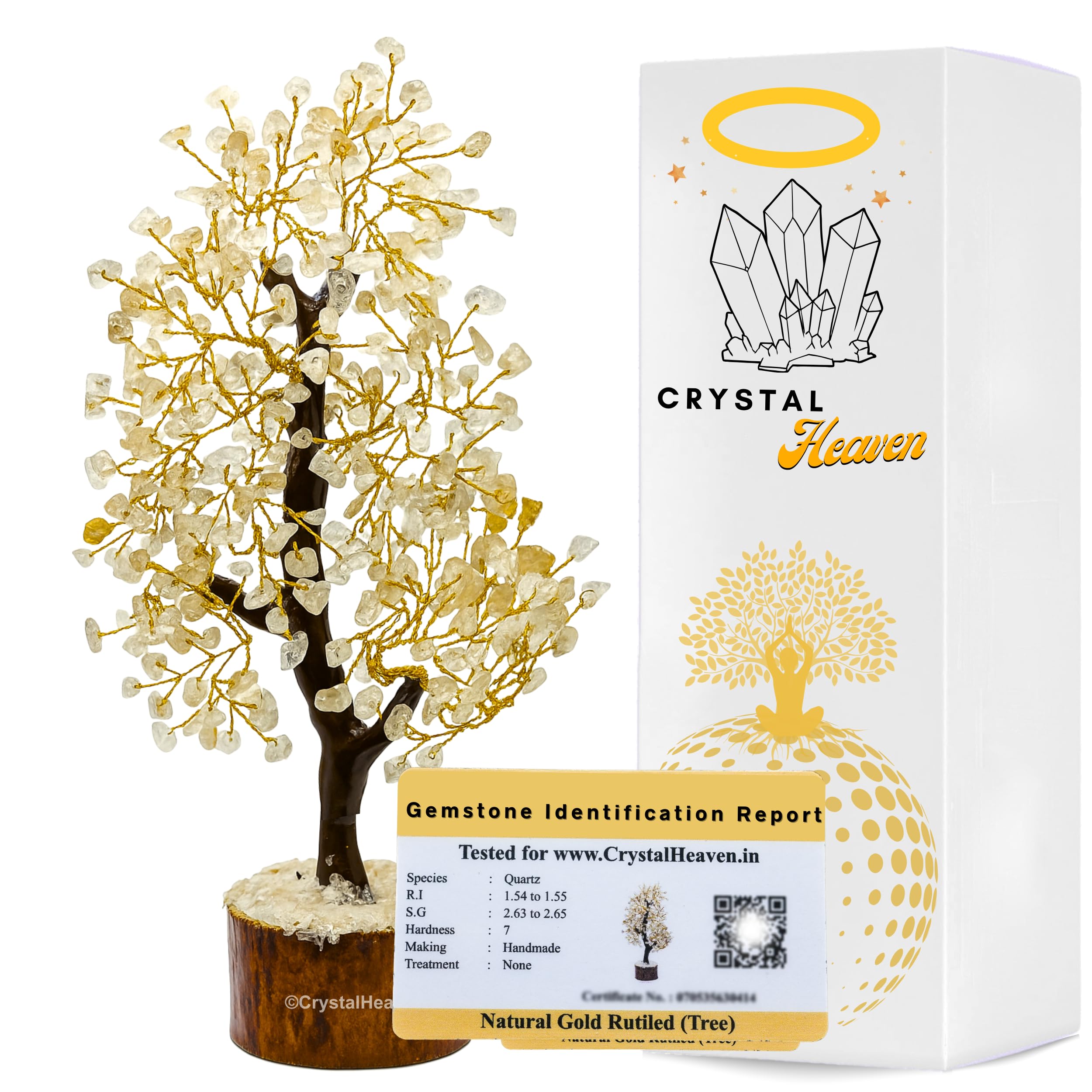 Certified Gold Rutilated Quartz Crystal Tree For Good Luck - Healing Crystals Money Tree For Wealth, Positive Energy At Home Off