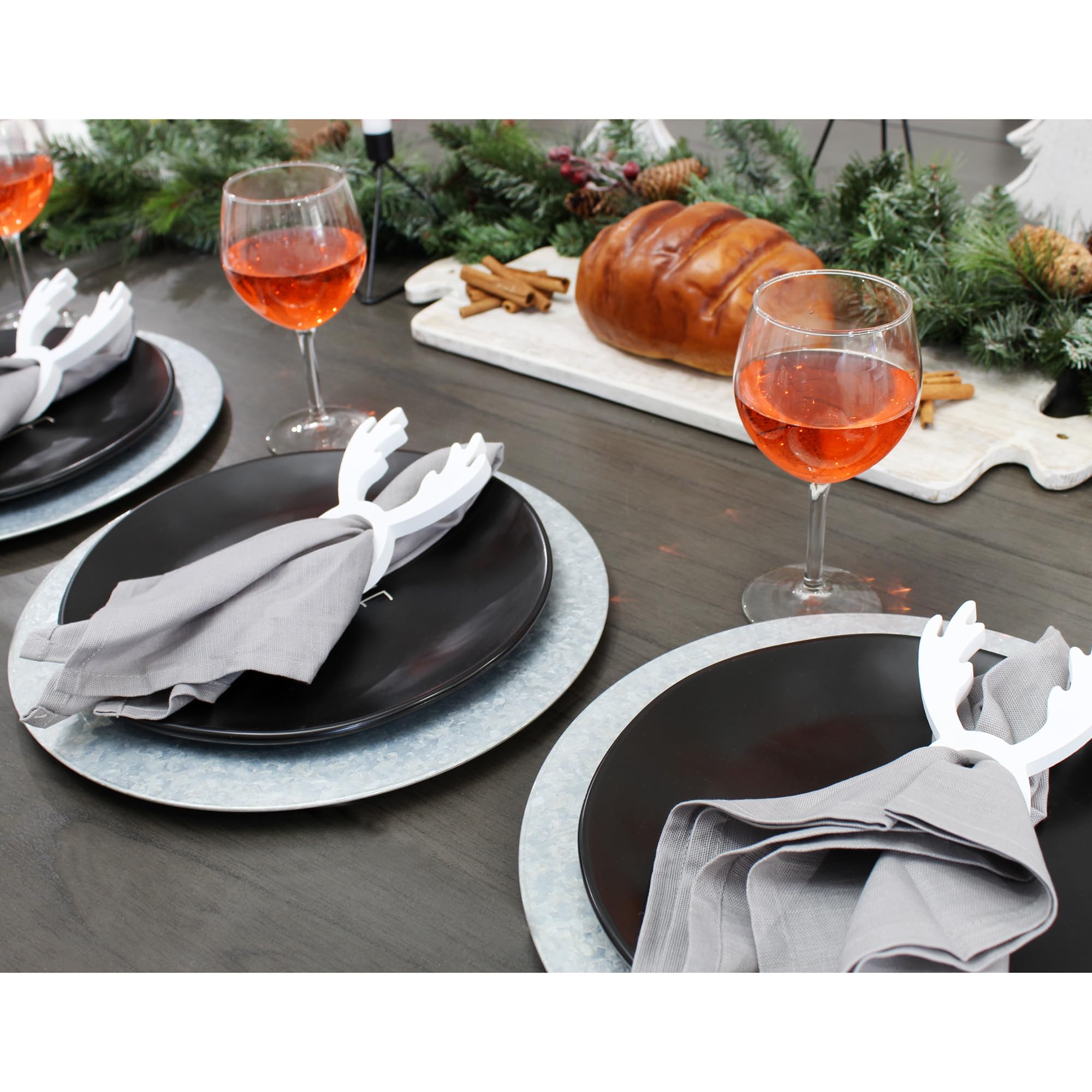 Auldhome Design Christmas Reindeer Napkin Rings (Set Of 4, White); Wooden Holiday Napkin Holder Rings