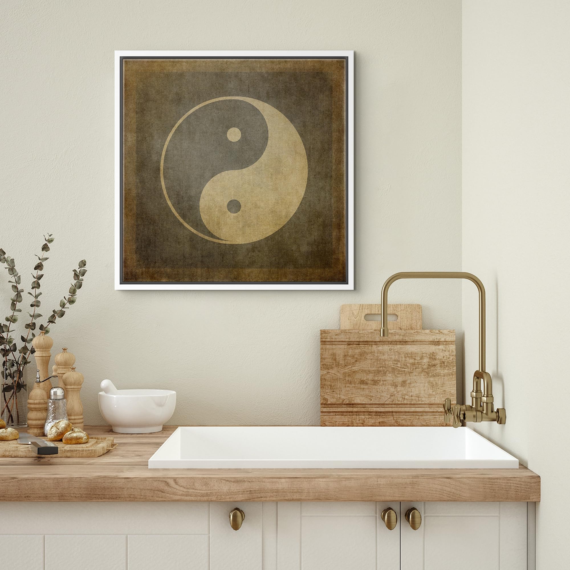 Wall26 Framed Canvas Print Wall Art Brown & Tan Grunge Chinese Yin Yang Symbol Historic Cultural Illustrations Modern Art Relax/