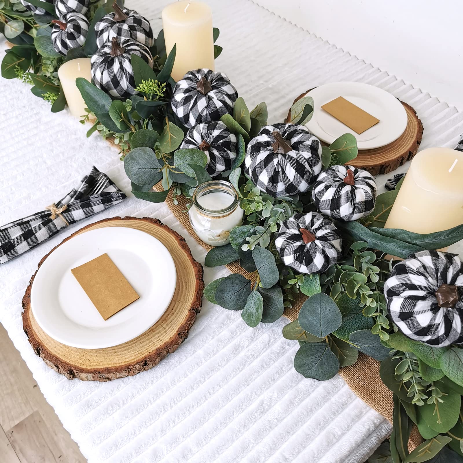 Set of 12 Small Faux Harvest Decorative Fabric Pumpkins Foam Pumpkins in Black & White Buffalo Check for Farmhouse Rustic Fall T