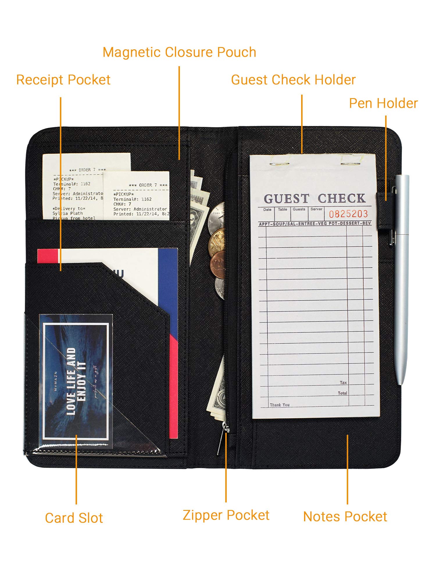 Server Book with Zipper and Magnetic Pocket Waitress Book Waiter Book Wallet Restaurant Waitstaff Organizer Fit Server Apron with Money Pocket 4.7'' X 9'' (Big Capacity with Magnetic Closure)