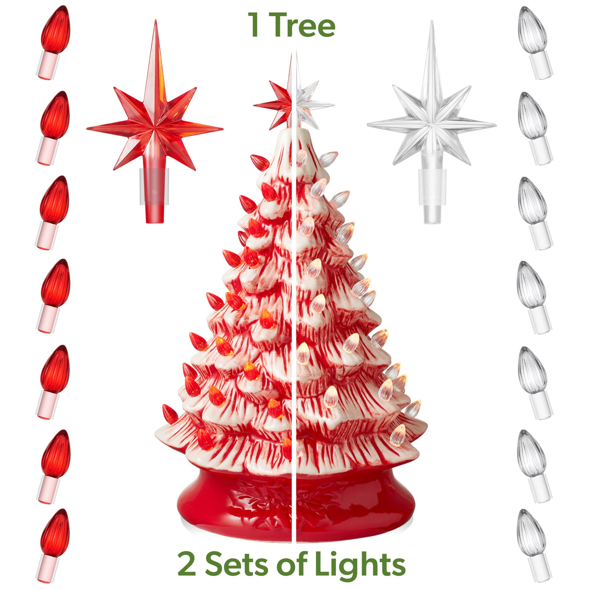 Casafield Hand Painted Ceramic Christmas Tree, Red and White Peppermint 15-Inch Pre-Lit Tree with 128 Red and Clear Lights, 2 St