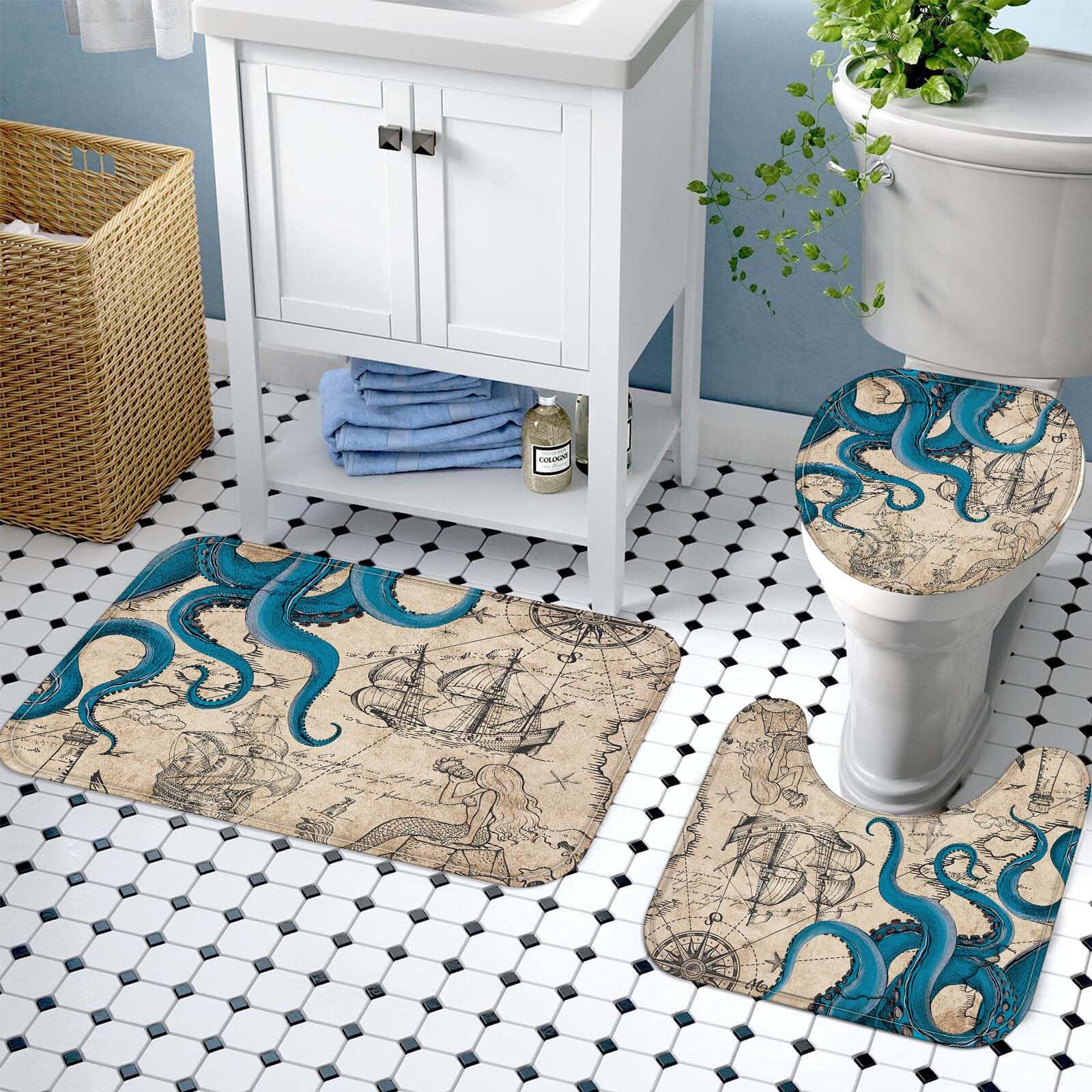 Fungarth 4 Pcs Vintage Nautical Octopus Shower Curtain Set With Rug Retro Coastal Bathroom Sets With Waterproof Shower Curtain A