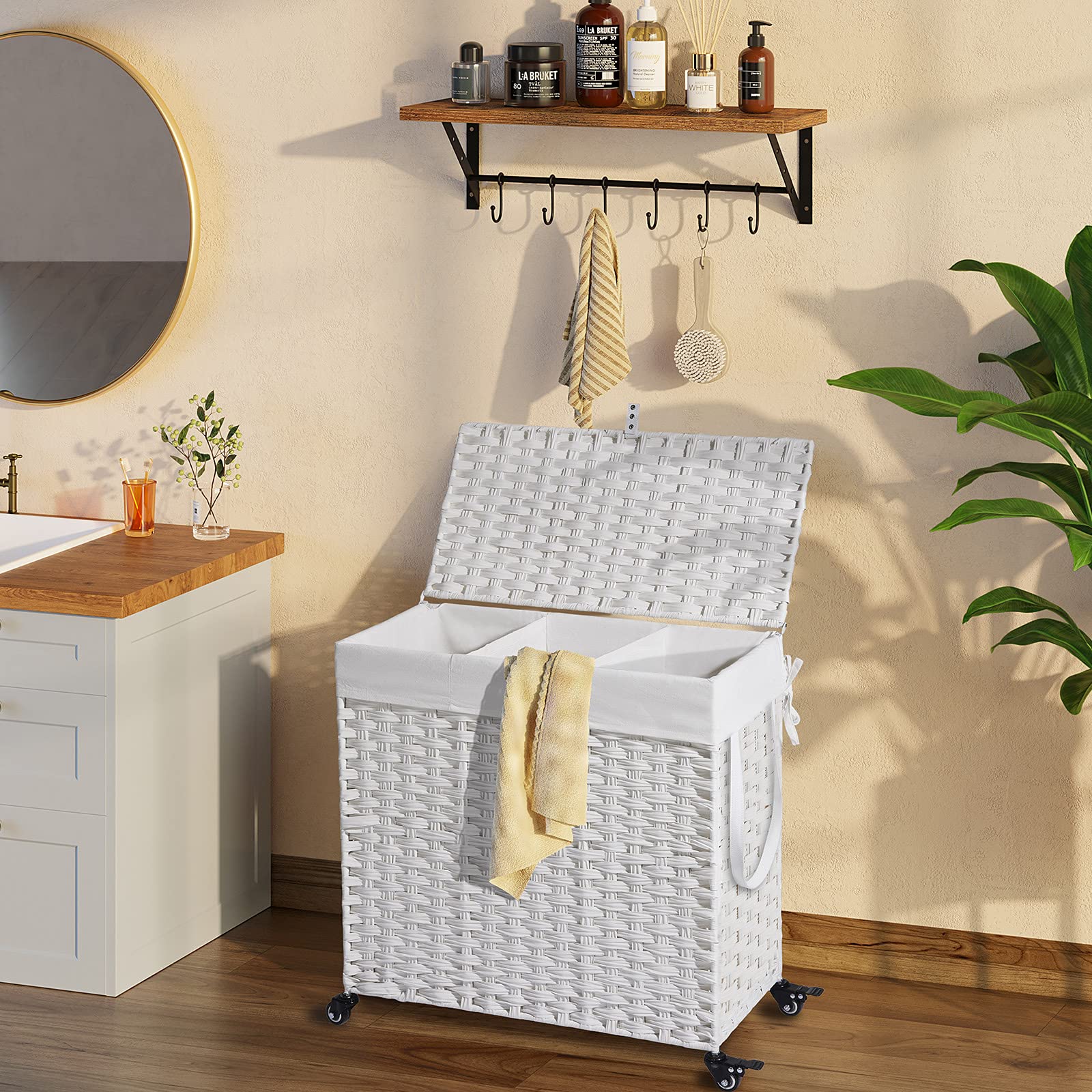 Greenstell Laundry Hamper With Wheels&Lid, 140L Large 3 Sections Clothes Hamper With 2 Types Removable Liner Bags, 5 Mesh Laundr