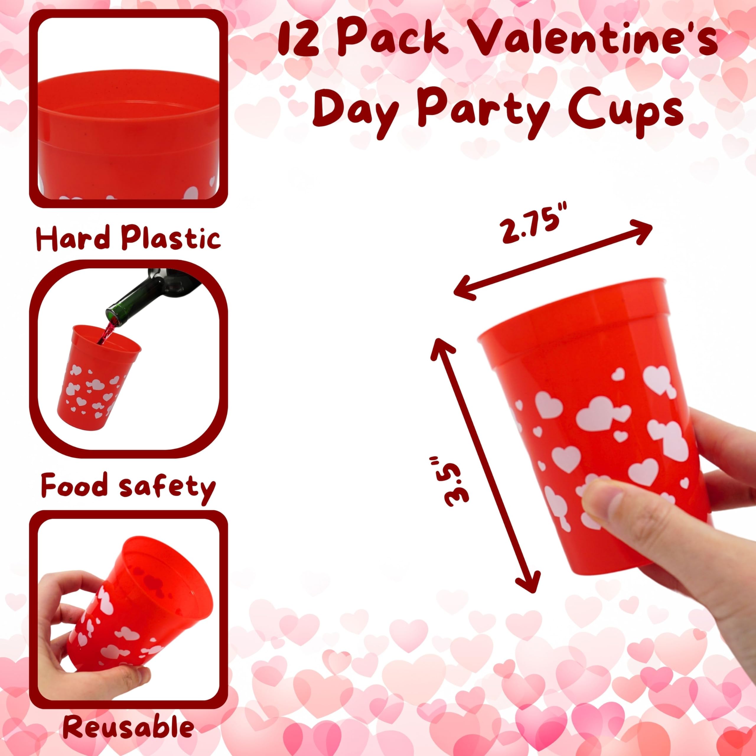 4E'S Novelty Kids Valentine'S Day Plastic Reusable Cups 8 Oz 12 Pack, Red With Hearts Valentines Tumblers Bulk Party Supplies Fa