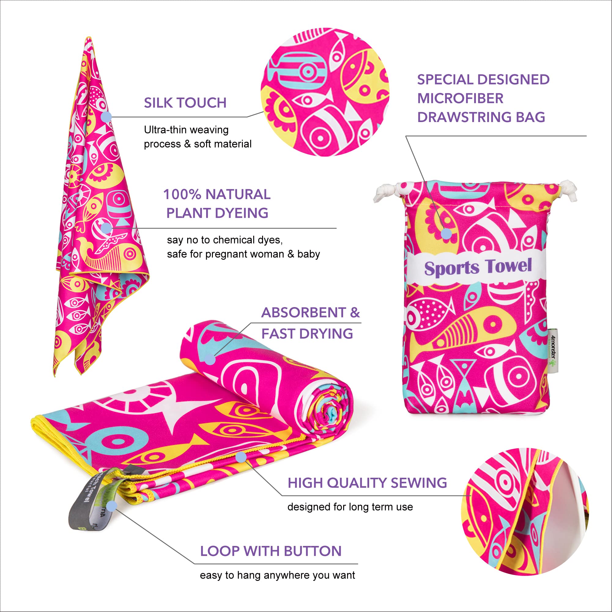 4Monster Microfiber Beach Towel Quick Dry,Super Absorbent Lightweight Travel Towel For Swimmers, Sand Free Camping Towel, Beach