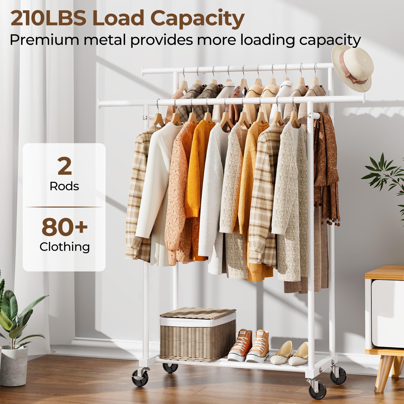 Hyseyy Double Rods Clothes Rack, Sturdy Rolling Clothing Rack, Portable Clothing Racks For Hanging Clothes - Metal Garment Rack