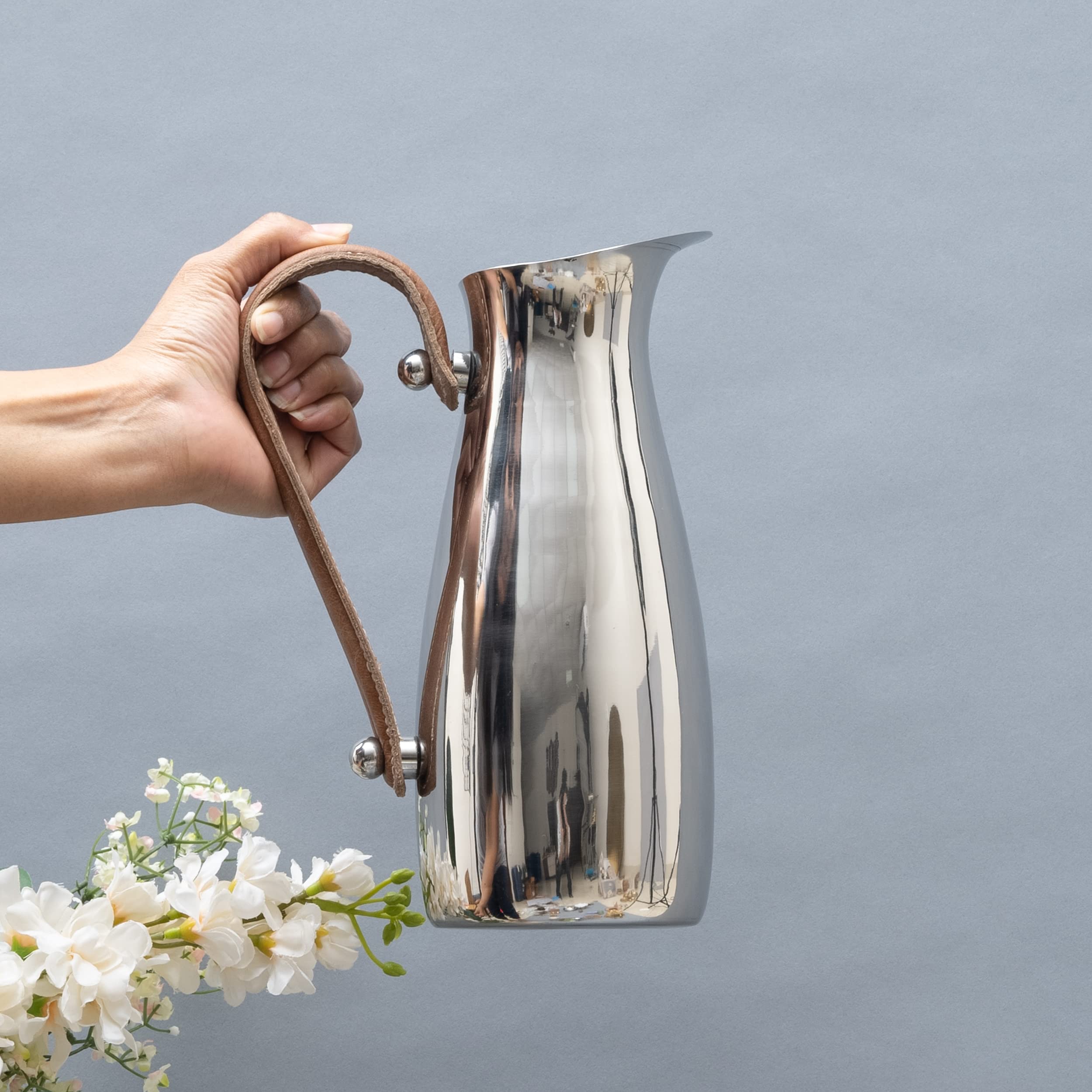 Silver Stainless Steel Water Pitcher, Leather Handle