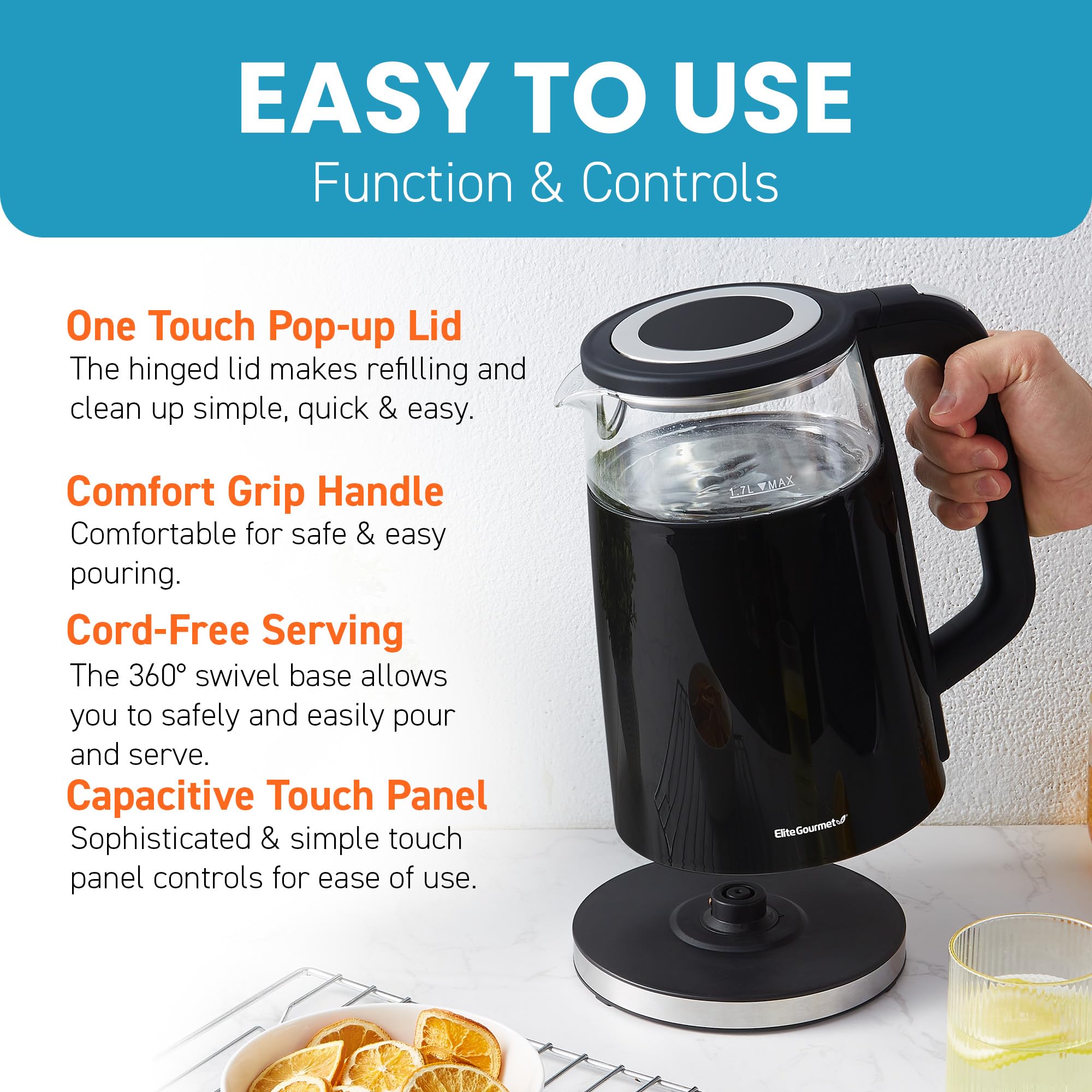 Elite Gourmet Ekt8717 1.7L Double Wall Cool Touch Electric Tea Kettle, Glass Exterior, Real Time Temperature, Digital Touch-Scre