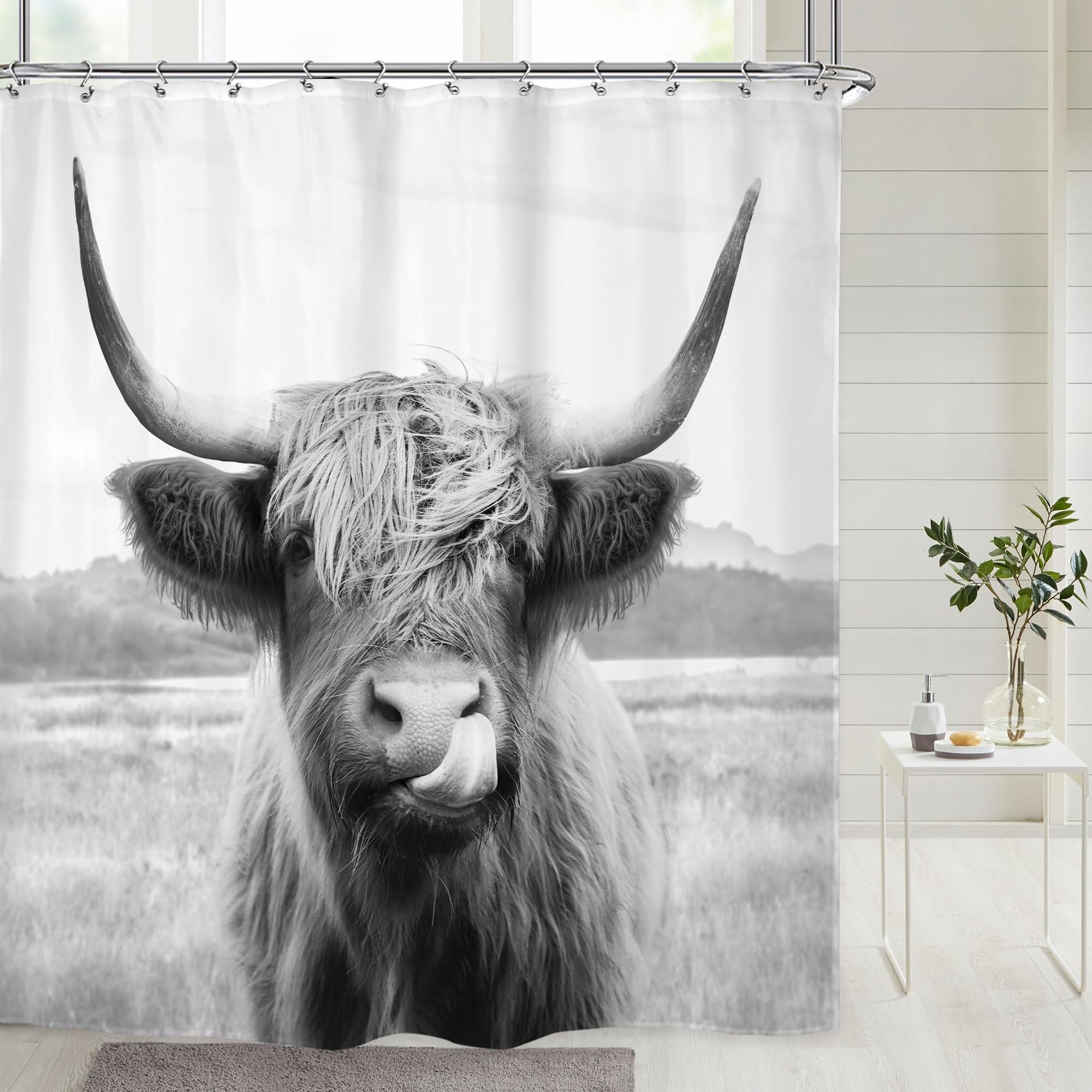 Riyidecor Farmhouse Highland Cow Shower Curtain Western Bull Wildlife Portrait Animal Funny Country 72Wx72H Inch 12 Pack Plastic