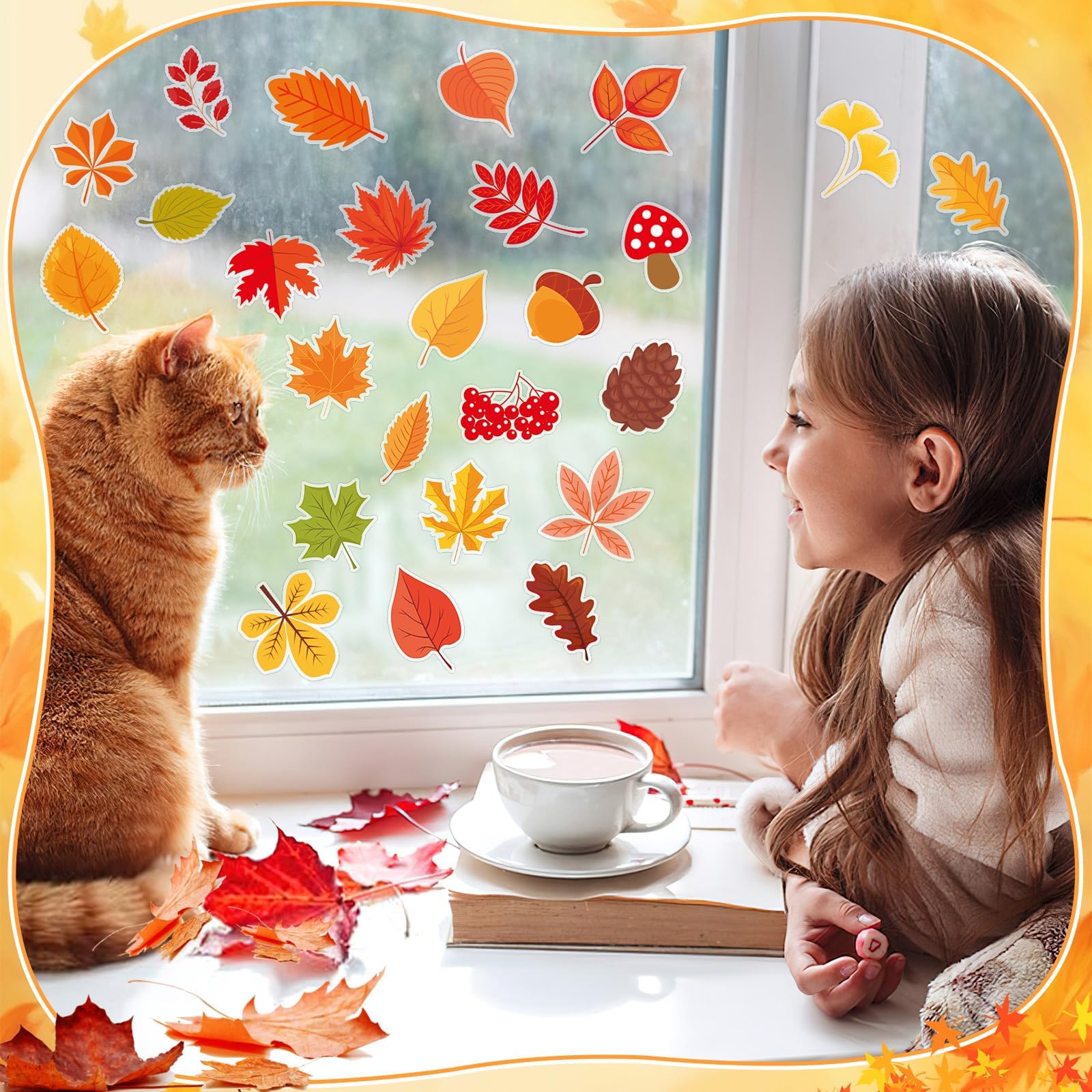 MARFOREVER 50 PCS Thanksgiving Day Gel Window Clings Stickers Reusable Fall Leaves Thick Gel Clings Decals for Autumn Kids Toddl