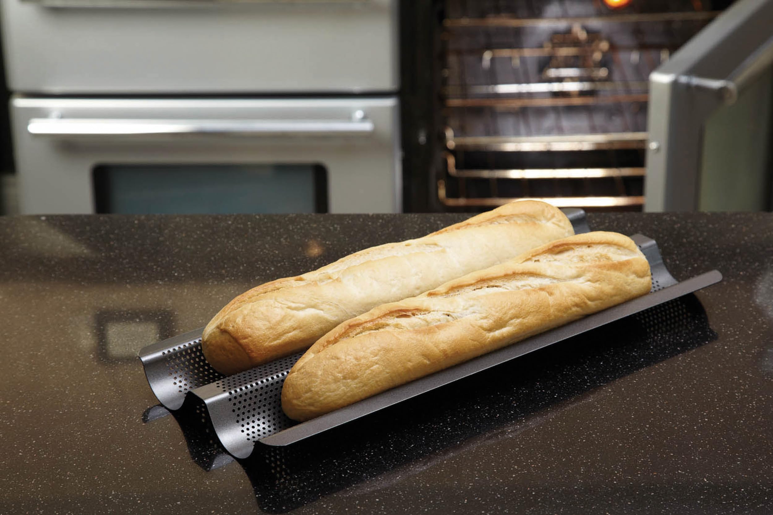 Masterclass Kcmccb90 Crusty Bake Perforated Baguette Baking Tray With Pfoa Free Non Stick, Gift Boxed, Robust 1 Mm Carbon Steel,