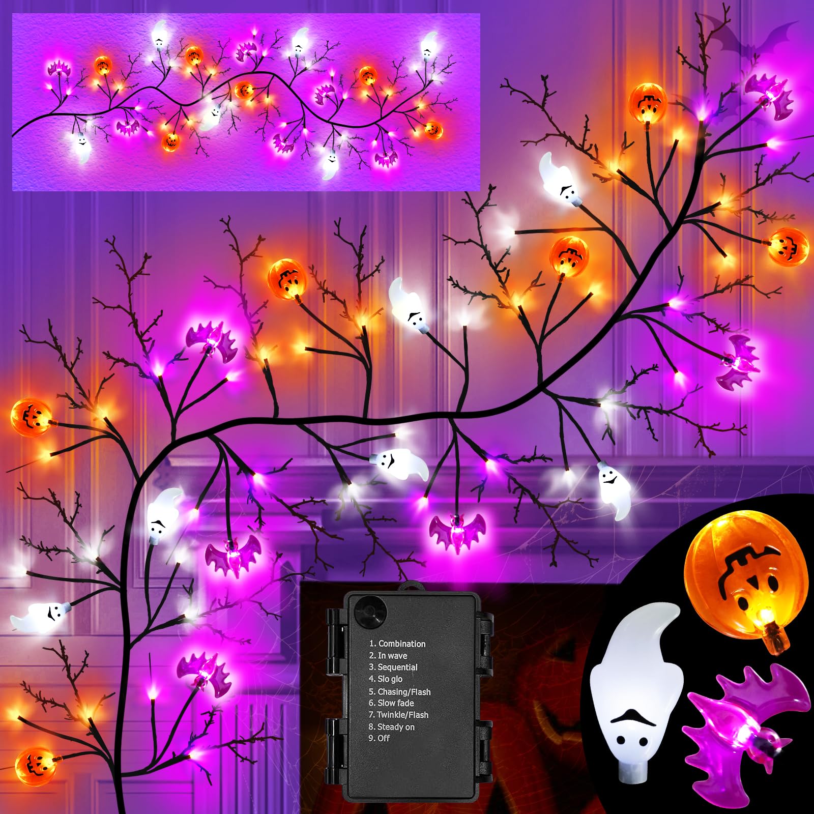 6Ft 54 Led Halloween Willow Vine Twig Garland With Orange Purple White Lights & 8 Model Timer &7 Pumpkin Bat Ghost,Battery Opera