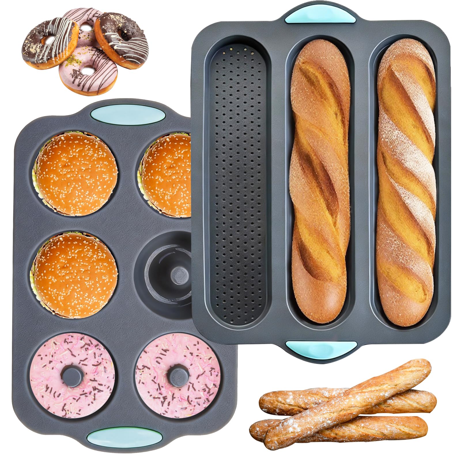 2 PCS Silicone Hamburger Bun Pan and Baguette Pan Set, Baguette Baking Mold