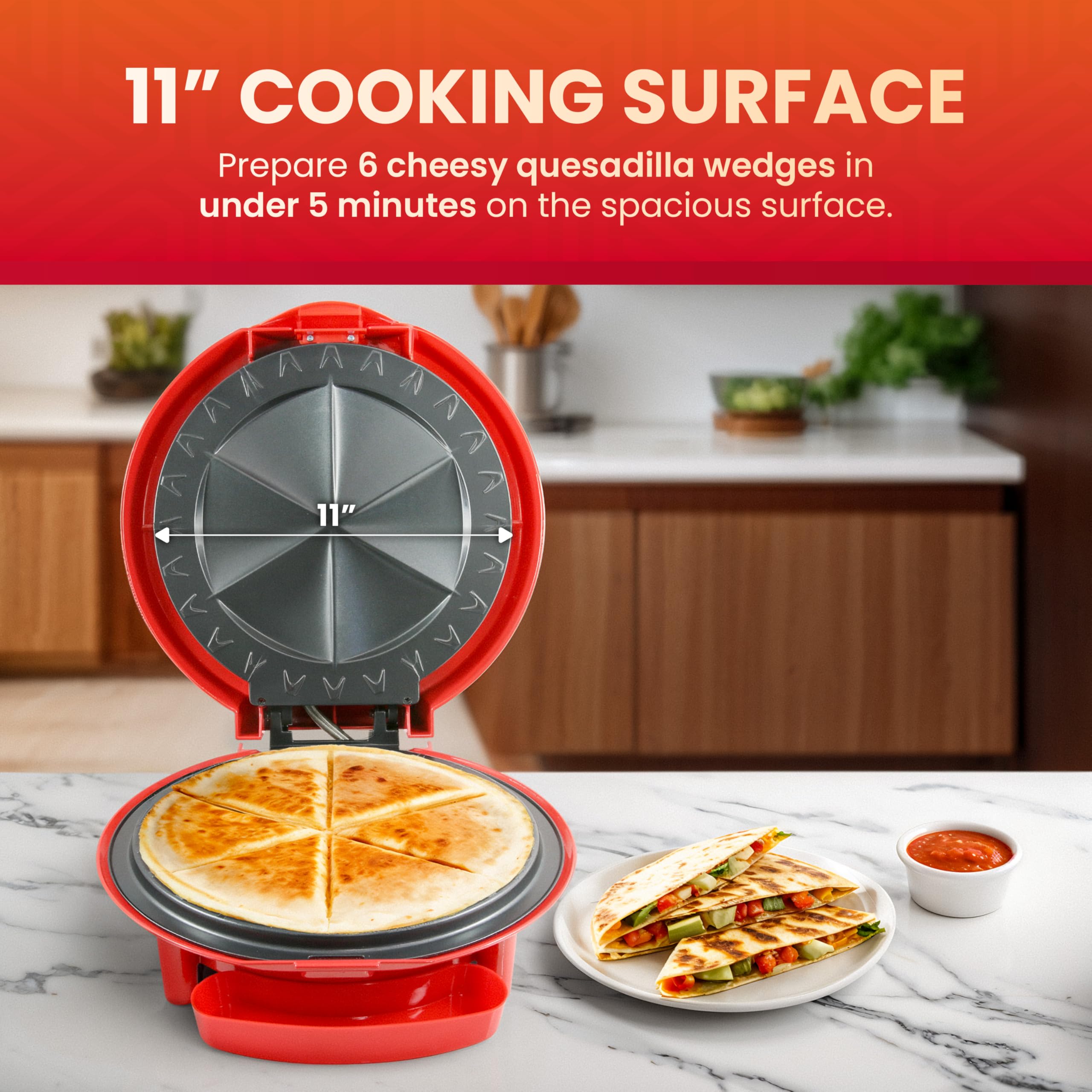 Elite Gourmet Eqd-118 Electric Non-Stick 11'' Quesadilla Maker, Easy-Slice 6-Wedge, Grilled Cheese Corn Flour Tortilla Snacks, R