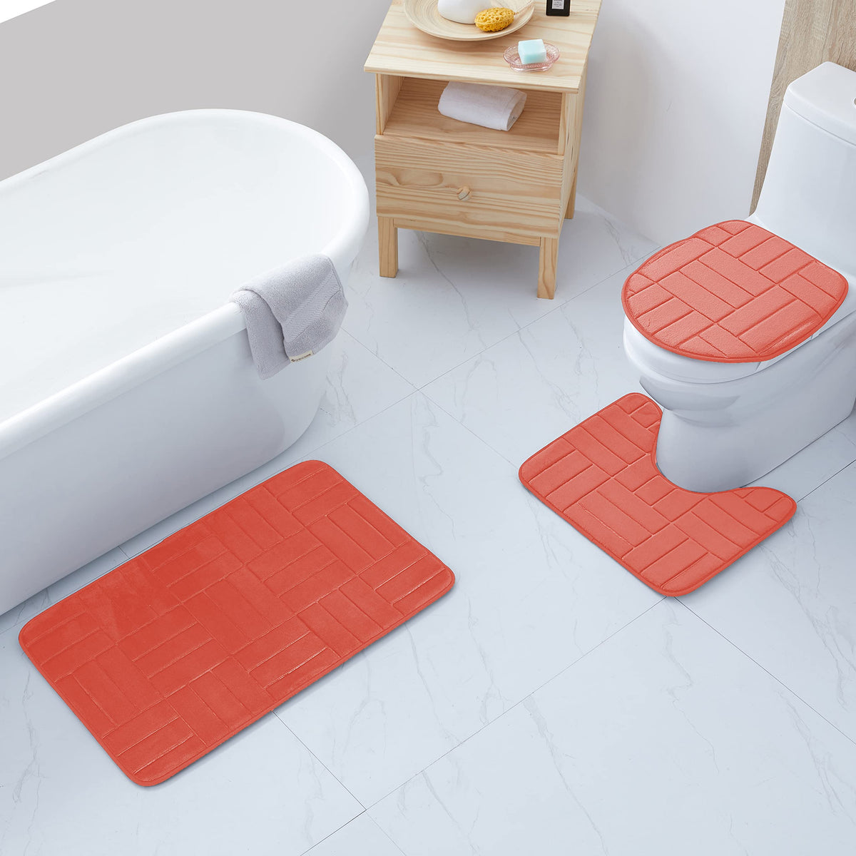 All American Collection 3Pc Memory Foam Bath Mats Soft Plush Stripe Design Anti-Slip Shower Bathroom Contour Toilet Lid Cover Ru