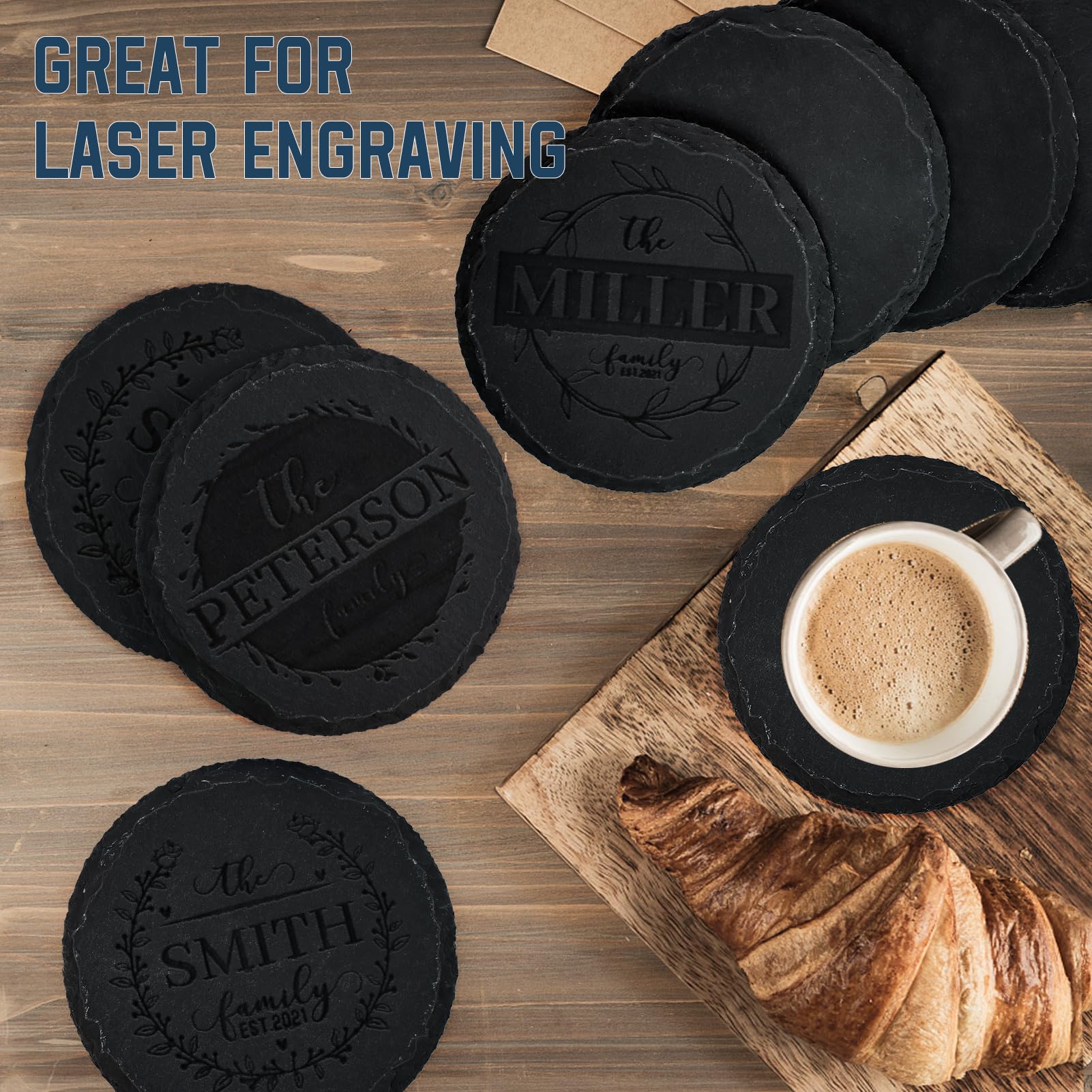 13 Pieces Slate Drink Coasters, Goh Dodd 4 Inch Black Coasters Stone Coaster Set, Laser Engraving Blanks With Anti-Scratch Botto