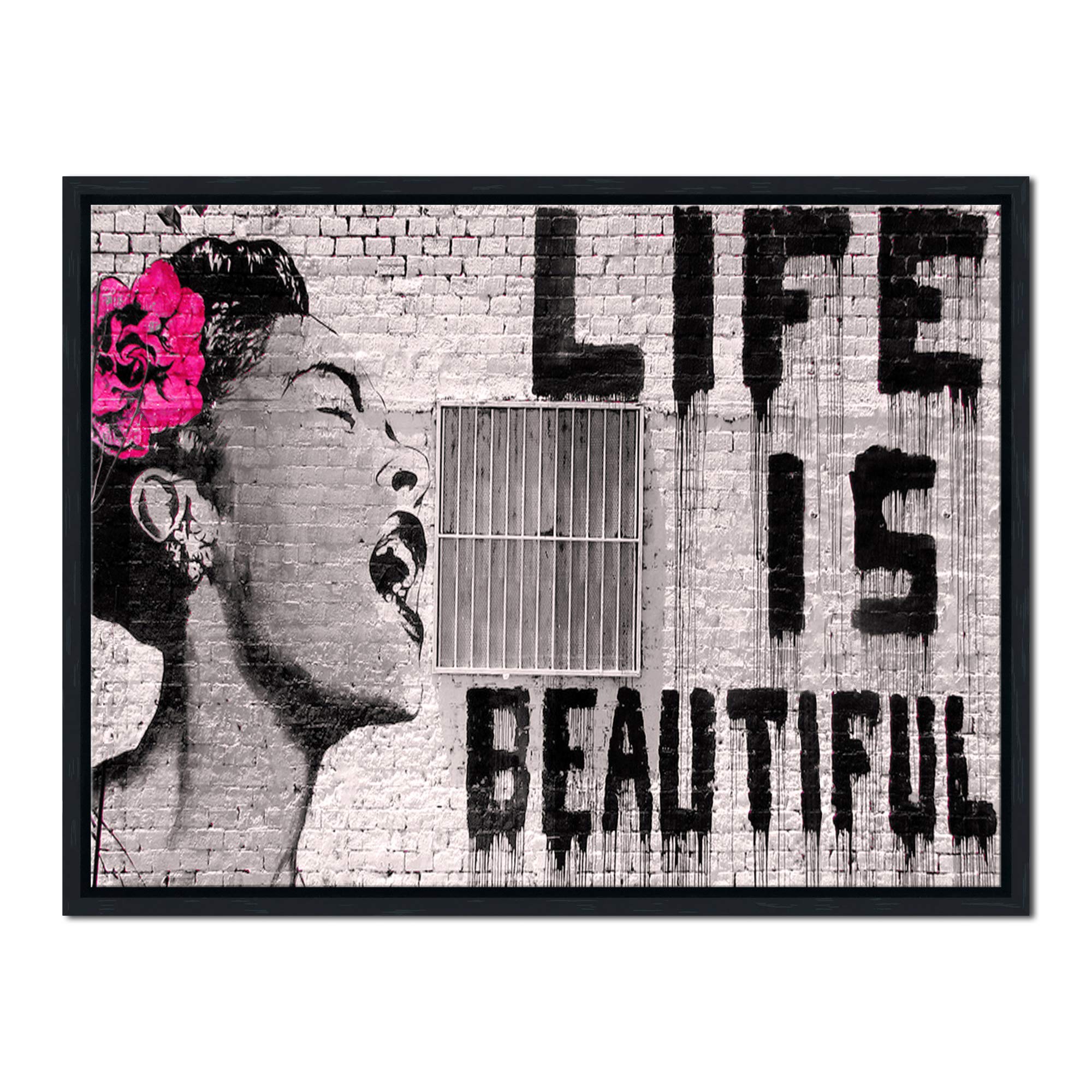 Pyradecor Black Framed Banksy Life Is Beautiful Artwork Modern Grey Love Pictures Paintings Canvas Prints Wall Art For Bedroom L