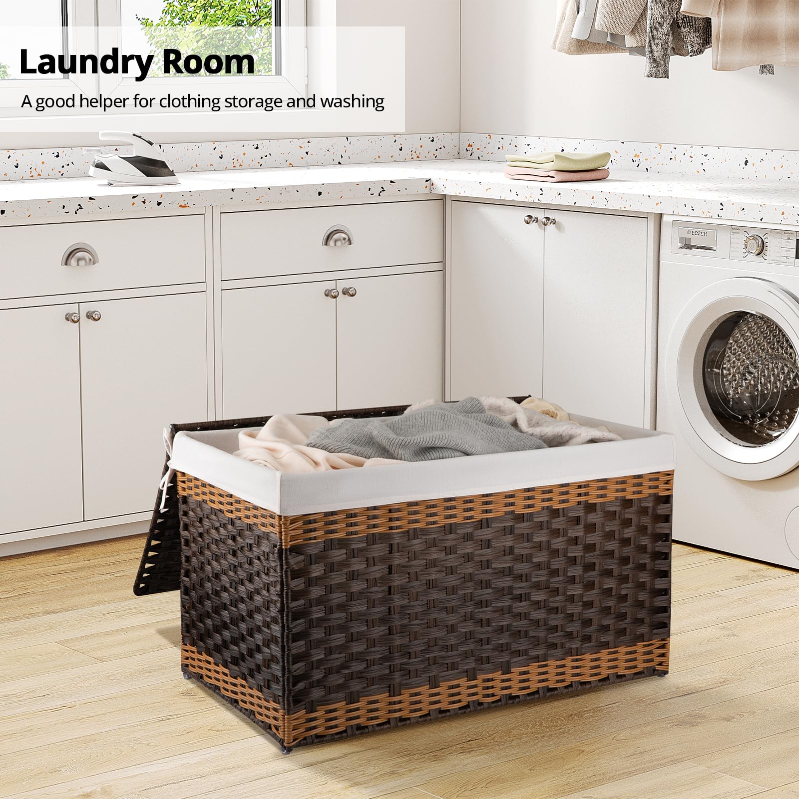 Oiahomy Extra Large Storage Basket With Lid, 42.3 Gallon (160L) Blanket Basket With Removable Liner Bag, Wicker Basket With Hand