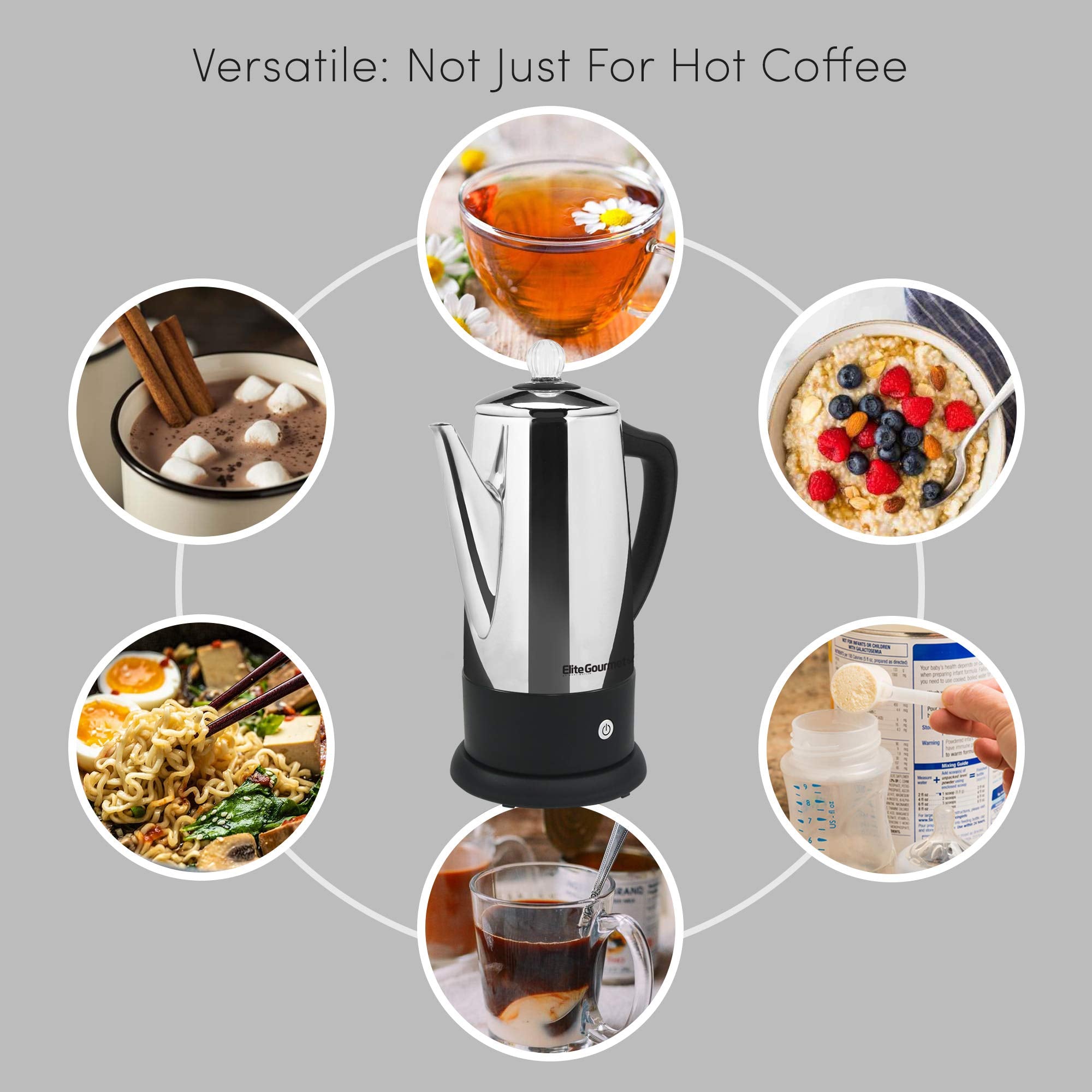 Elite Gourmet Ec812 Electric 12-Cup Coffee Percolator With Keep Warm, Clear Brew Progress Knob Cool-Touch Handle Cord-Less Serve