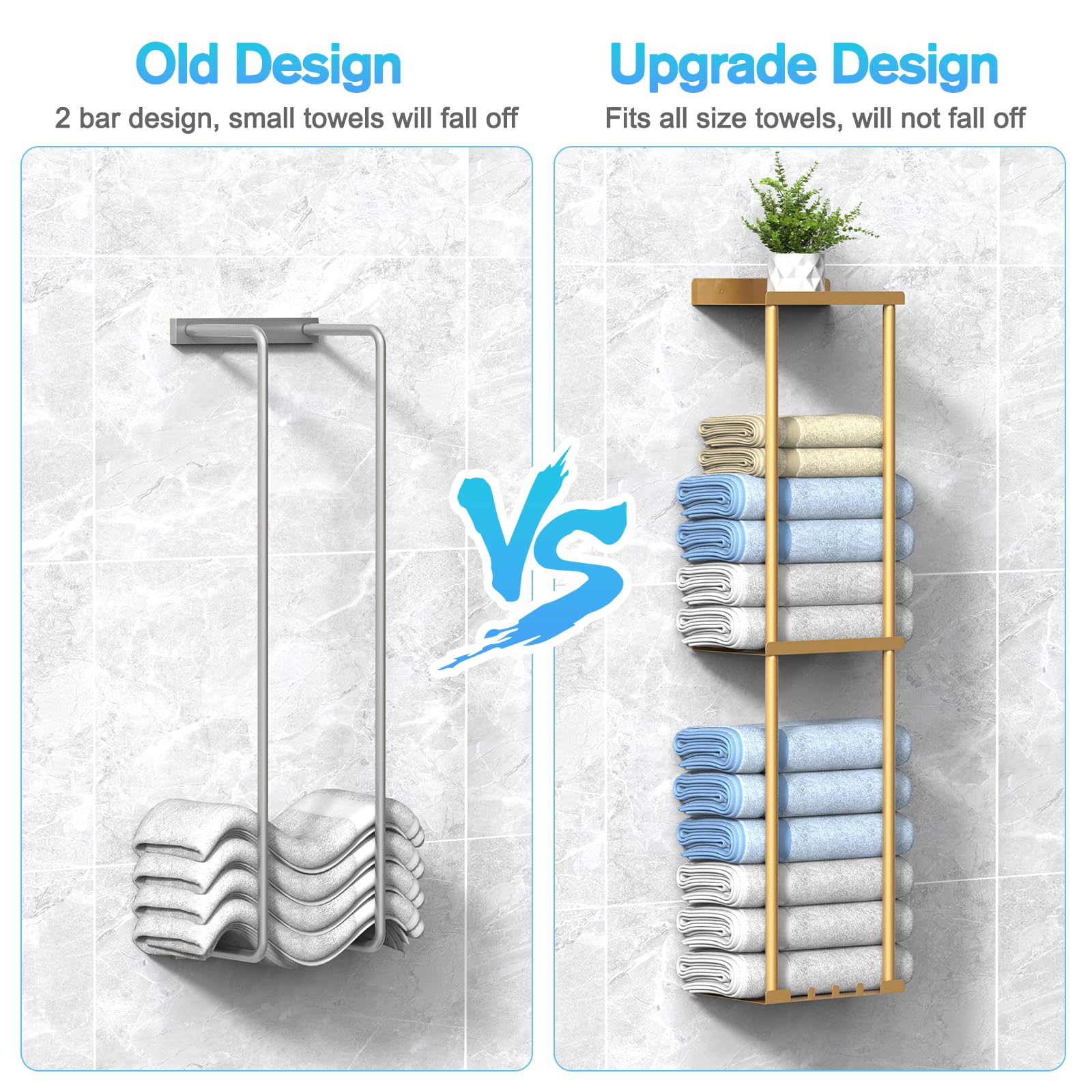 Liuoud Towel Rack For Bathroom, Wall Mounted Bath Towel Holder Storage Organizer For Rolled Towels, Vertical Towel Rack With She