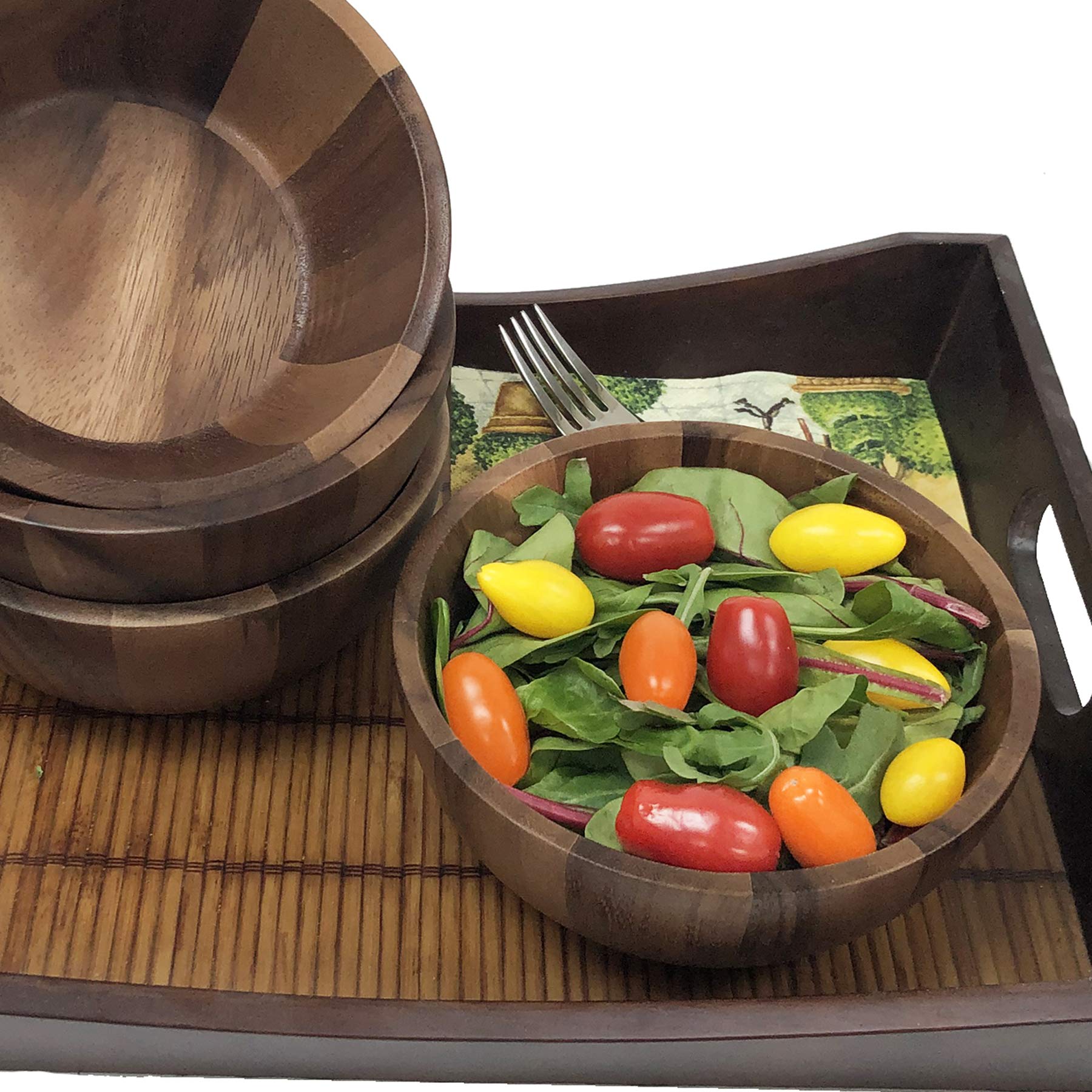 Woodard & Charles Set Of 4 Acacia Wood Individual Serving Bowls For Salads, Fruits, Snacks, Nuts, Candy, 6 1/2'' X 2 1/2''