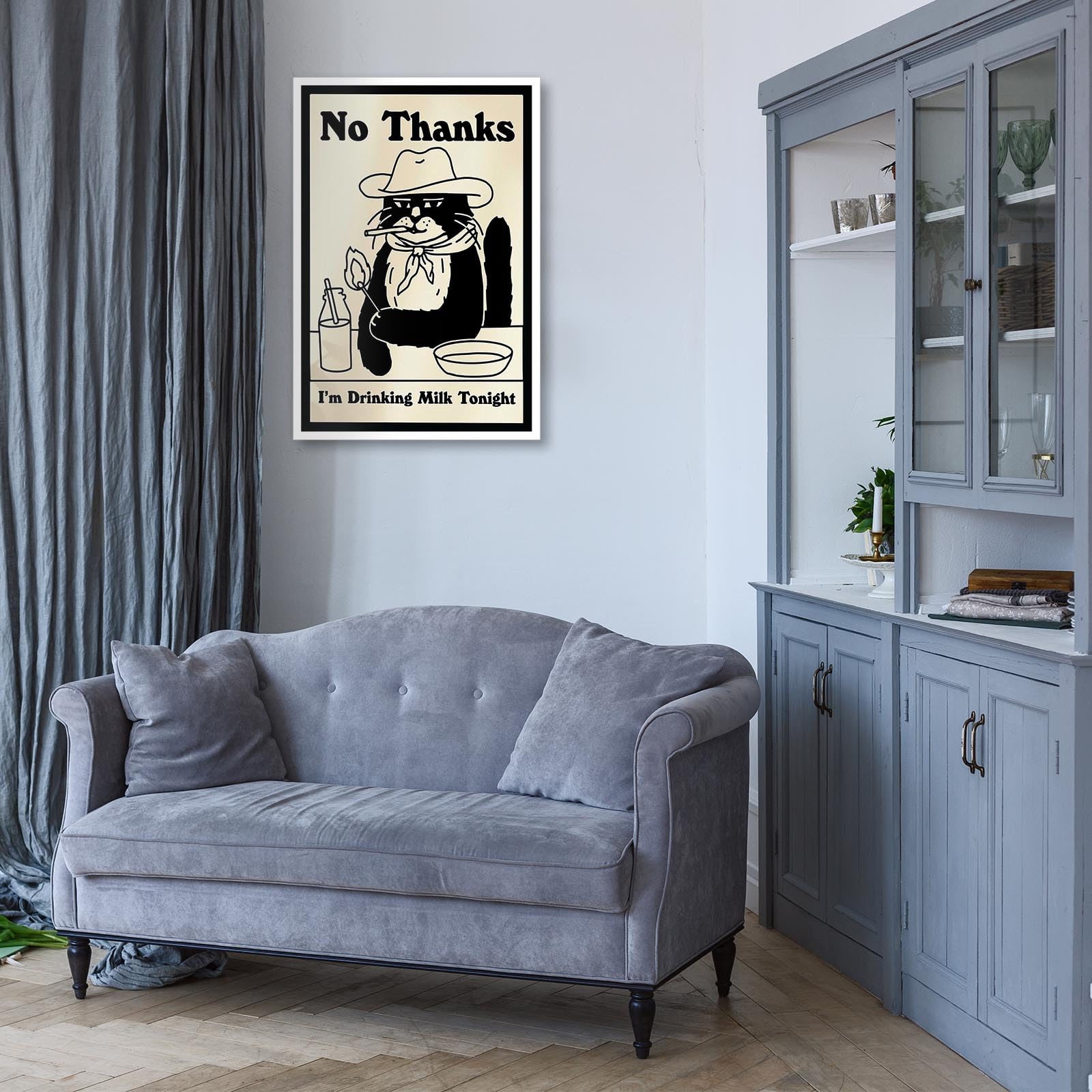 Tyohu Retro No Thanks I'M Drinking Milk Tonight Posters Cute Funny Cowboy Cat Art Trendy Black And White Drink Printed Matter Fo