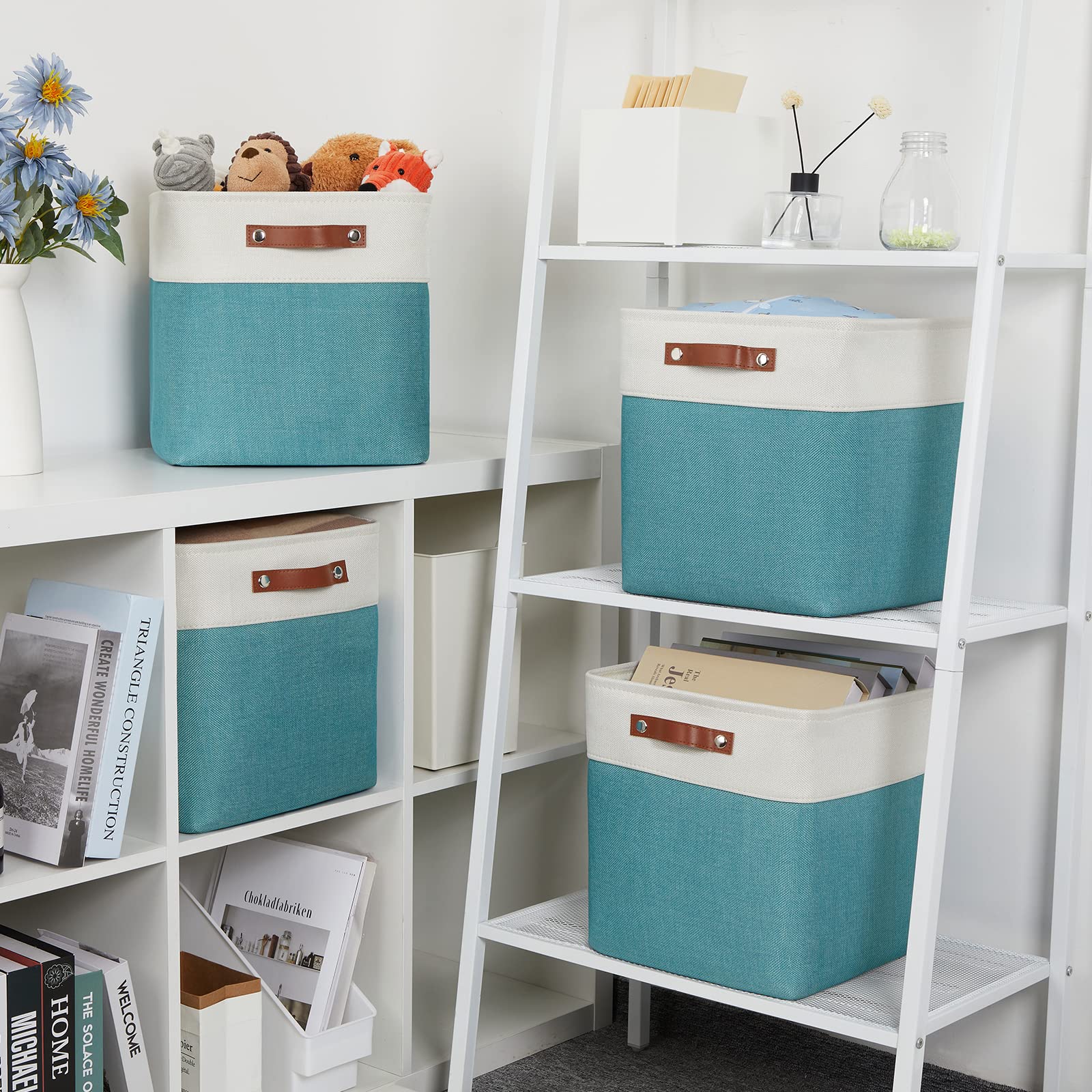 DULLEMELO Square Storage Cubes Baskets for Gifts Empty  12 inch Cube Stroage Bins Linen Closet Organizers and Storage Baskets for Toy Nursery Shelves Bedroom Storage(4 Pack - 12 '' White&Teal)
