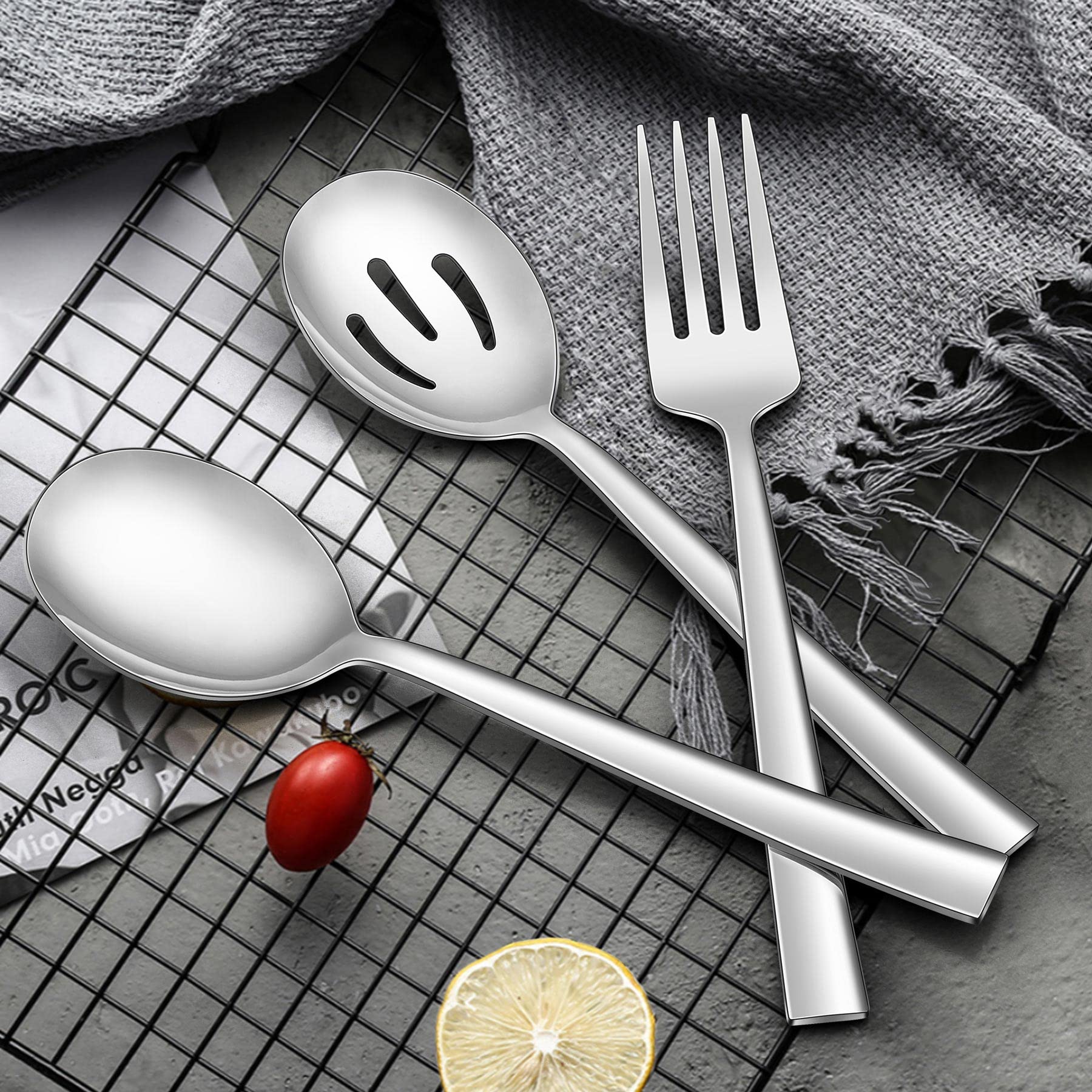 Lianyu 2 Serving Spoons, 2 Slotted Serving Spoons, 2 Serving Forks, 8.6 Inch Stainless Steel Metal Serving Spoons Forks For Buff
