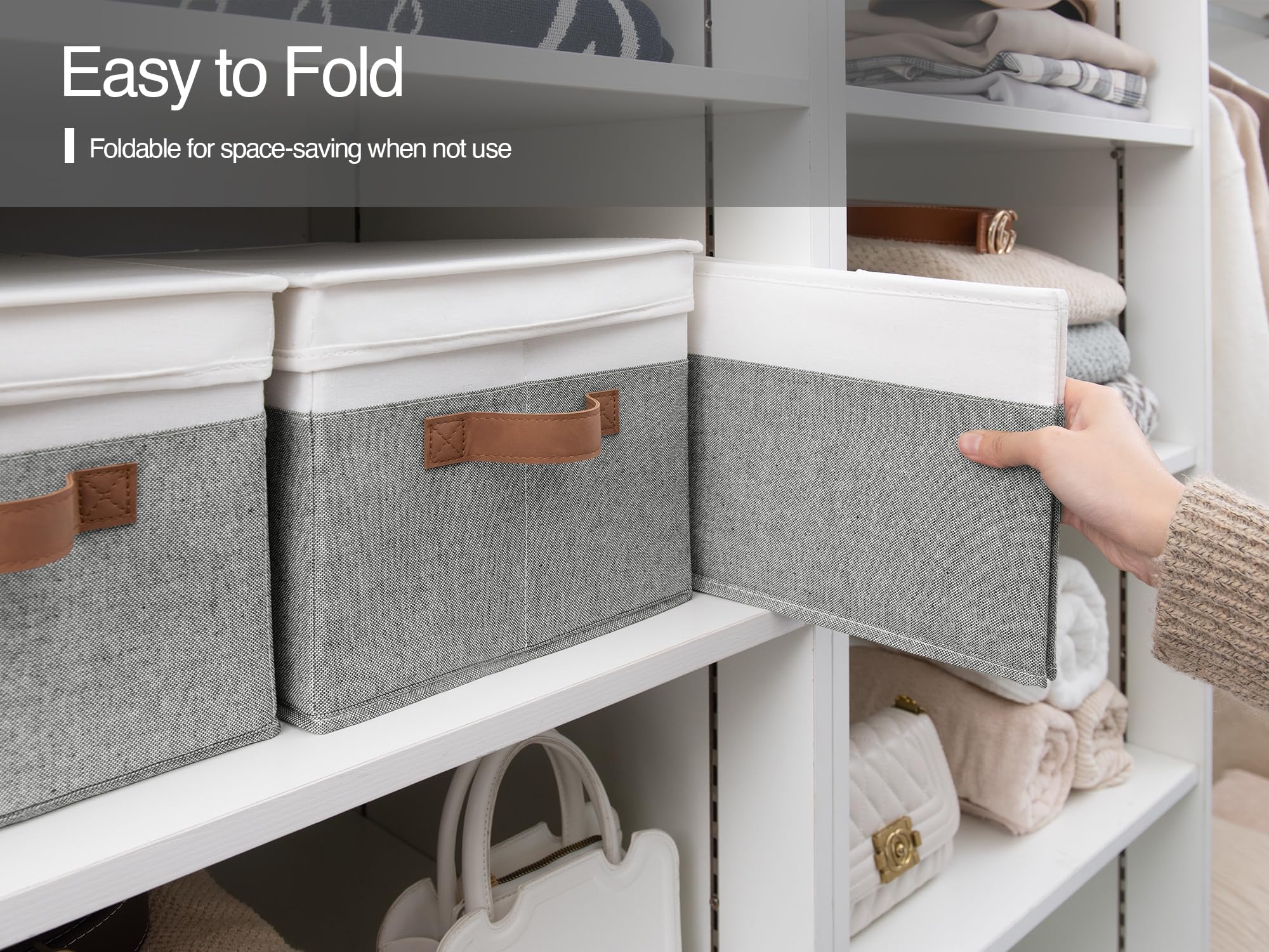 Storageworks Storage Bins With Lids, Foldable Closet Storage Bins, Decorative Storage Boxes With Pu Sewn Handles, Grey And White