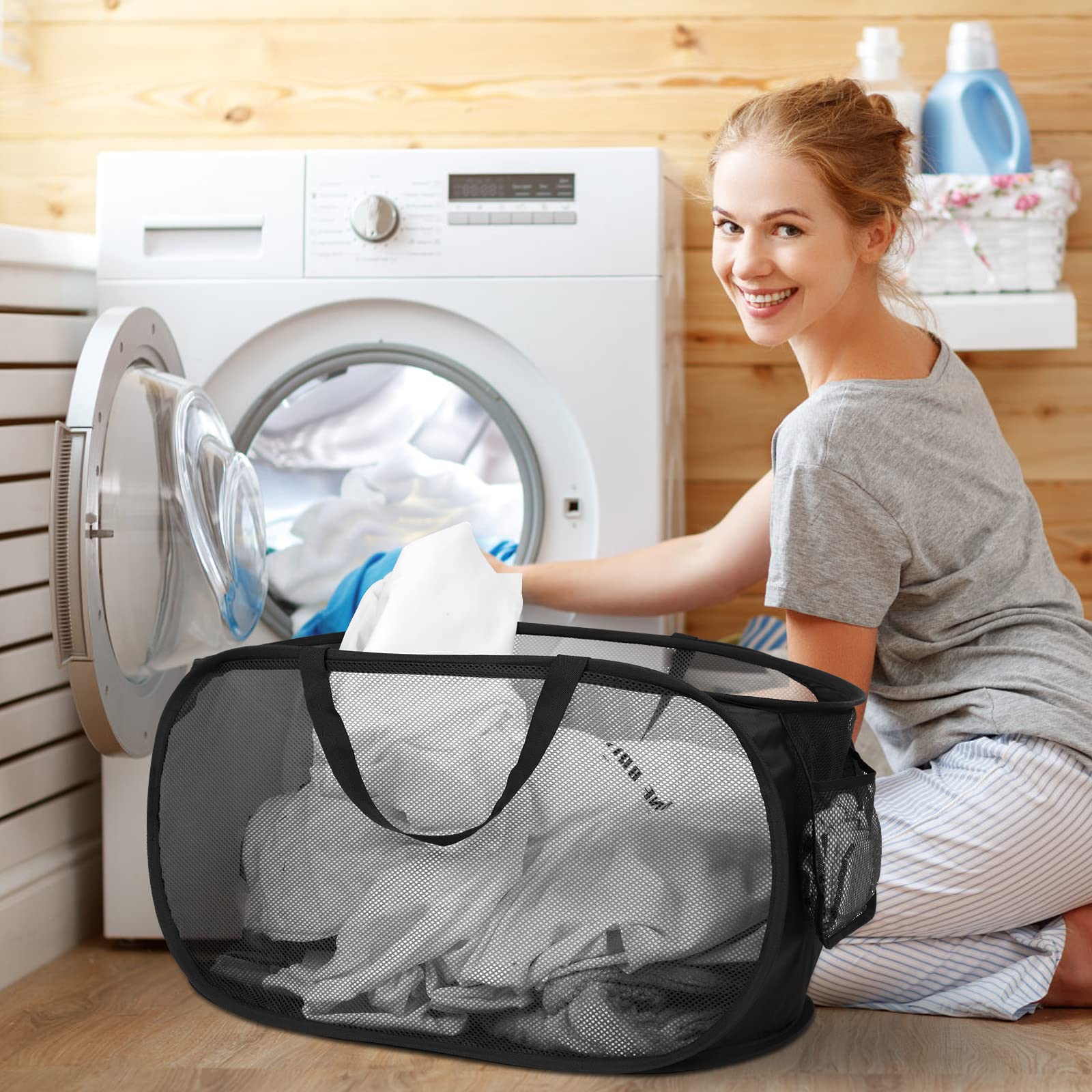 4 Pack Durable Collapsible Laundry Baskets, Mesh Foldable Laundry Basket, Pop Up Laundry Hamper With Pocket, Clothes Hamper With