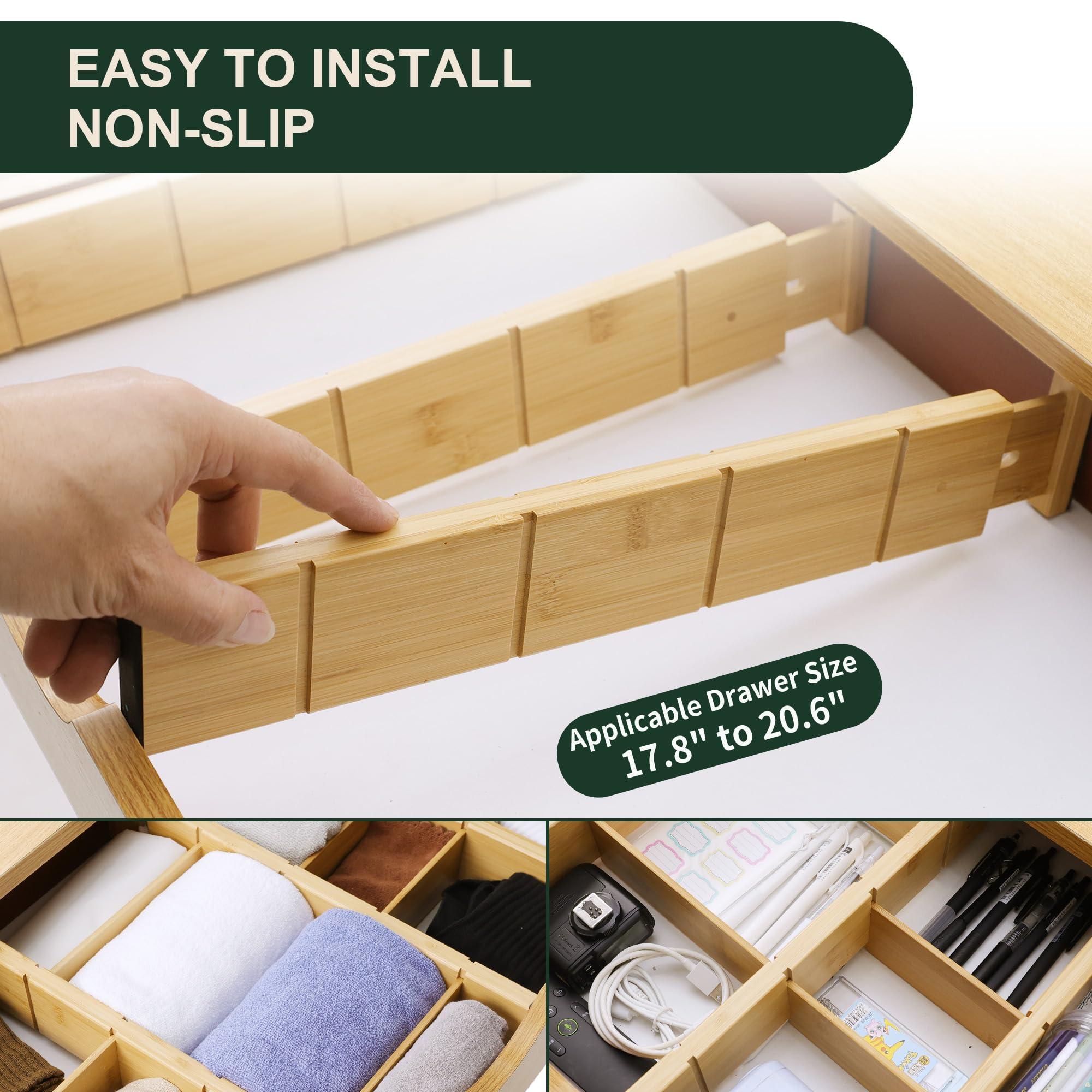 Utoplike Kitchen Drawer Divider with Inserts, Bamboo Drawers Organizer Adjustable, 4 pcs Large Expandable Wood Socks Drawer Orga