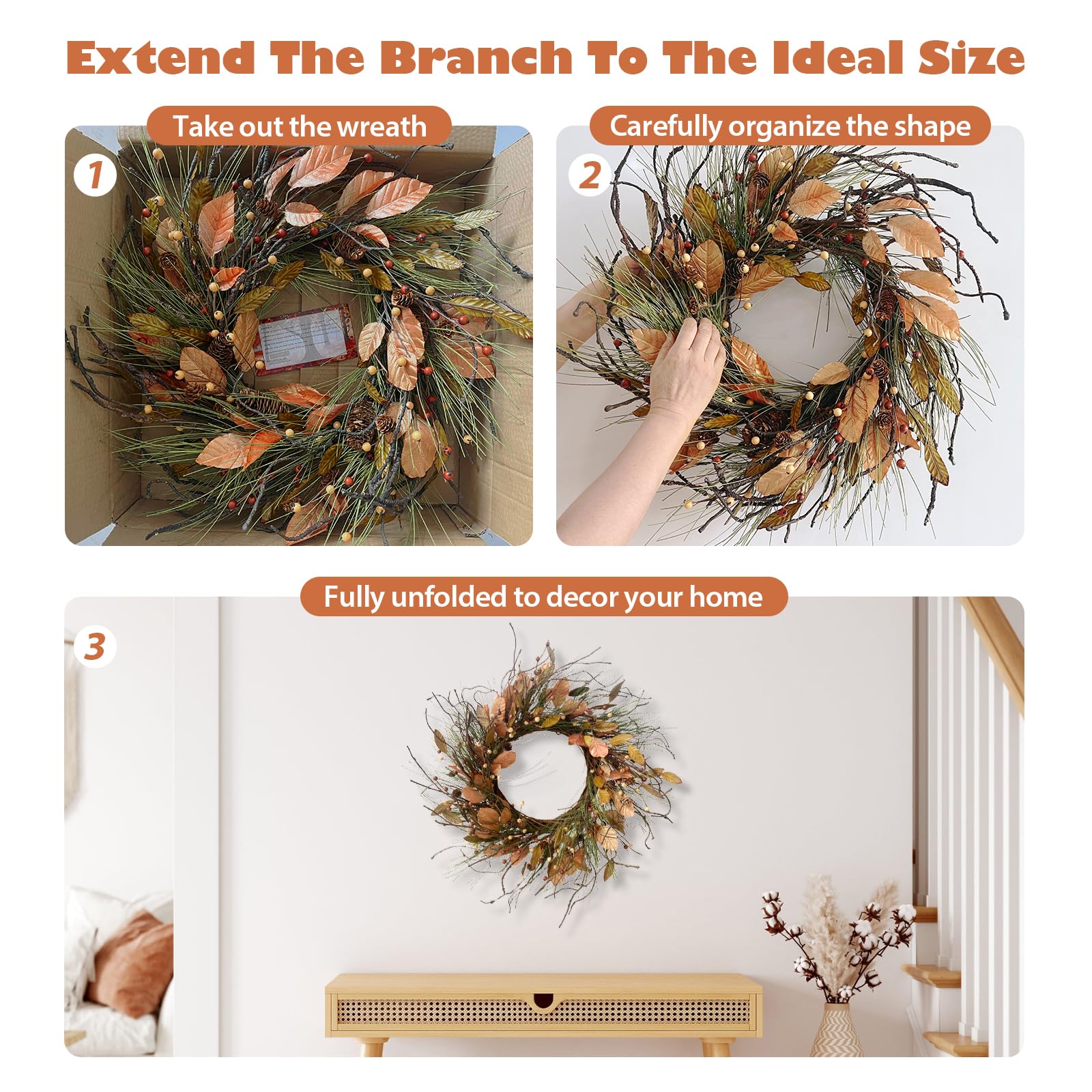 26 Inch Fall Wreath for Front Door Pip Berry Pinecone Autumn Wreath with Pine Needle and Magnolia Leaves, Large Grapevine Wreath