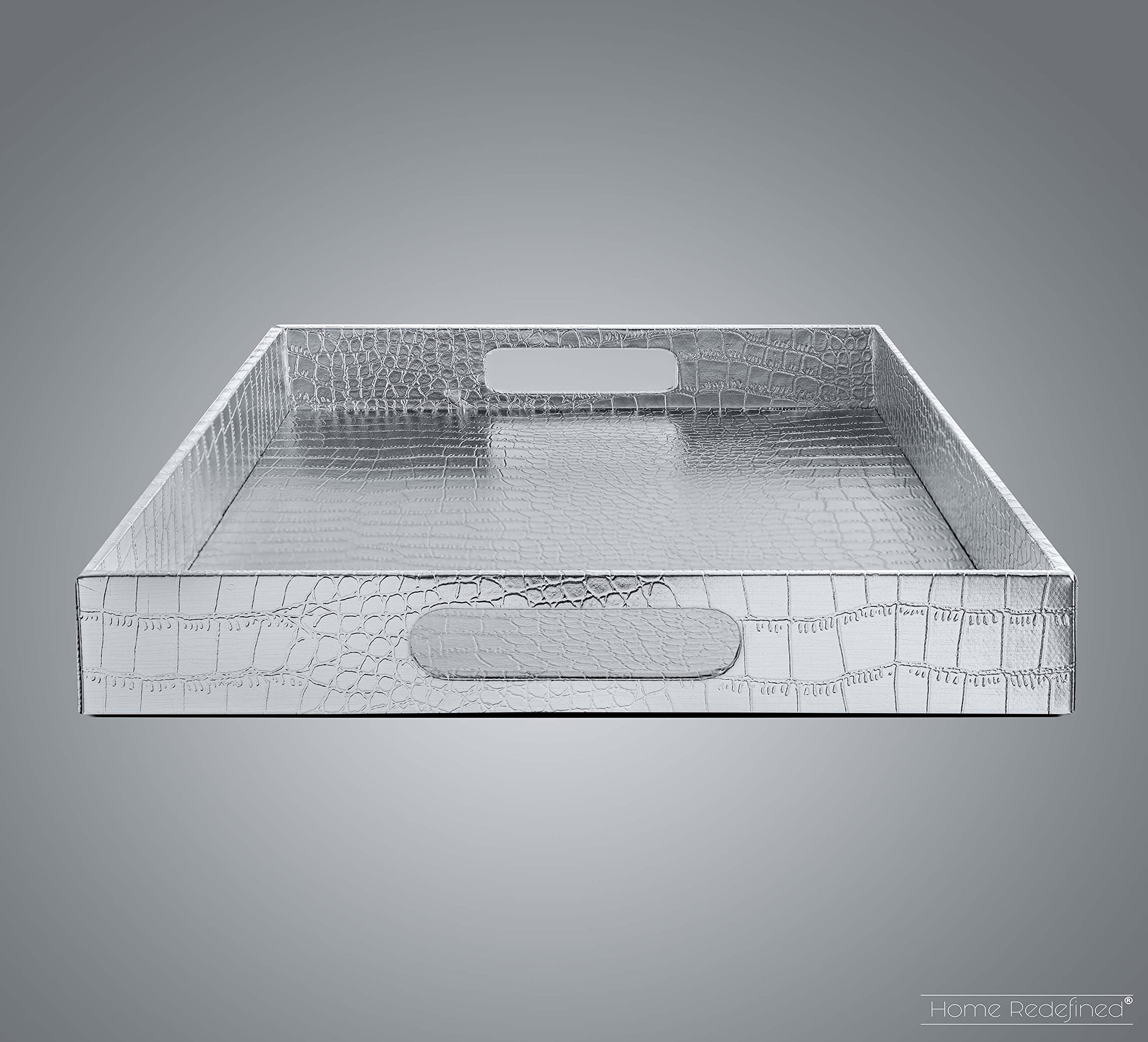 Home Redefined 18   X12    Rectangle Alligator Faux Leather Decorative Serving Tray With Handles, Silver Bathroom Room Decor
