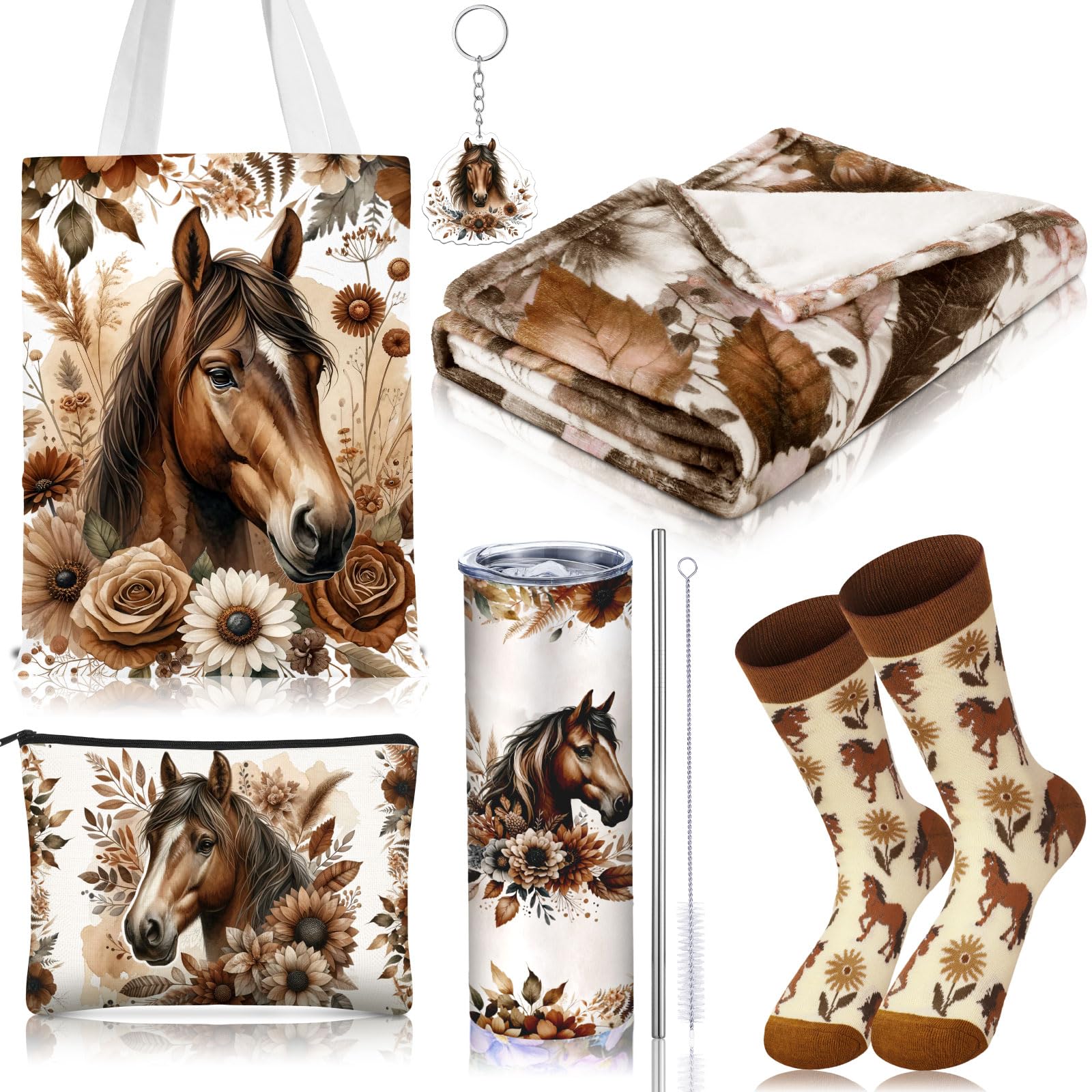 Tiangrid 6 Pcs Horse Gifts for Women Include 20 oz Stainless Steel Tumbler with Lid and Straw Cosmetic Bag Throw Blanket Keychai