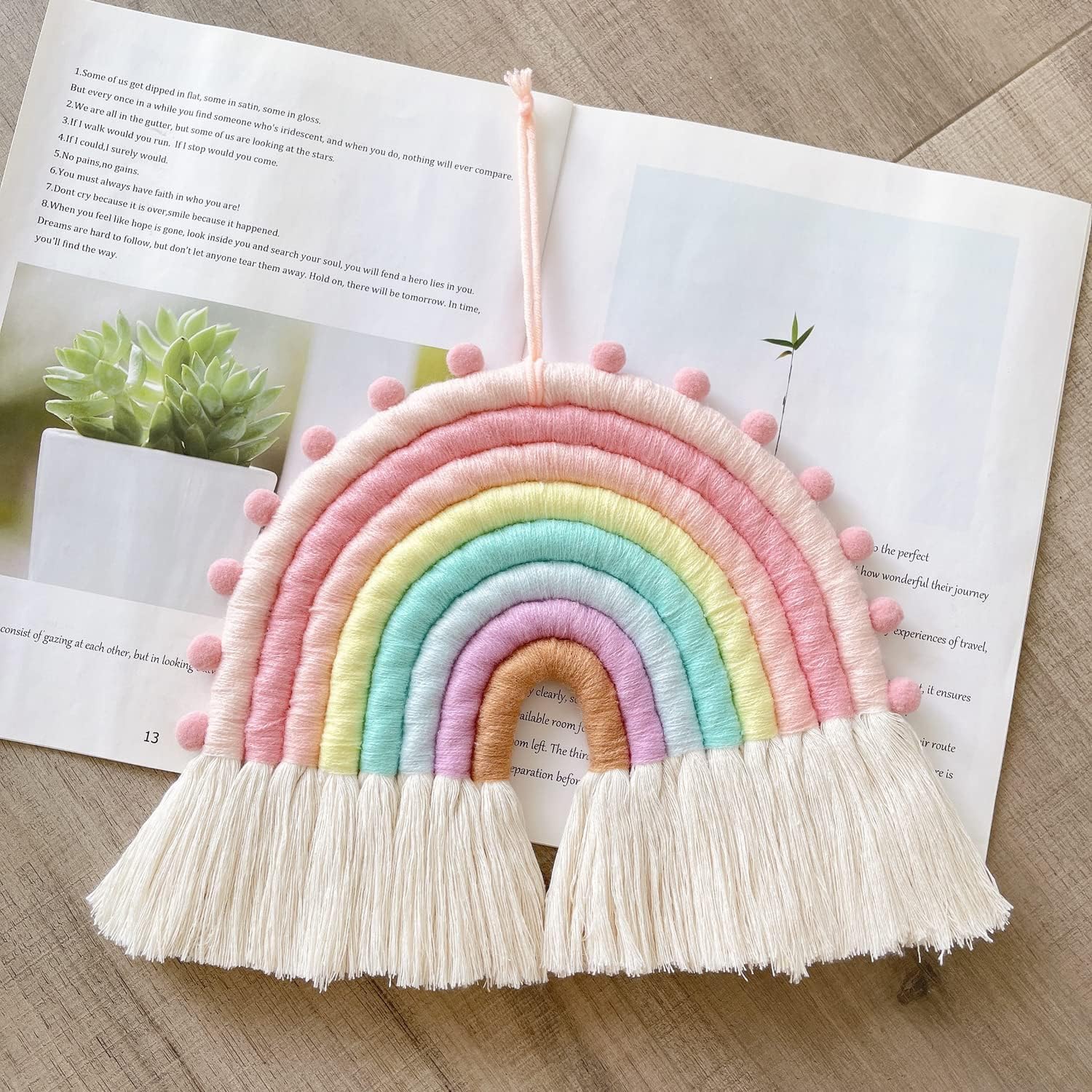 Large Macrame Rainbow Wall Hanging Decor Handmade Pom Pom Garland Rainbow Decor For Kids Room Girls Bedroom Baby Shower Nursery