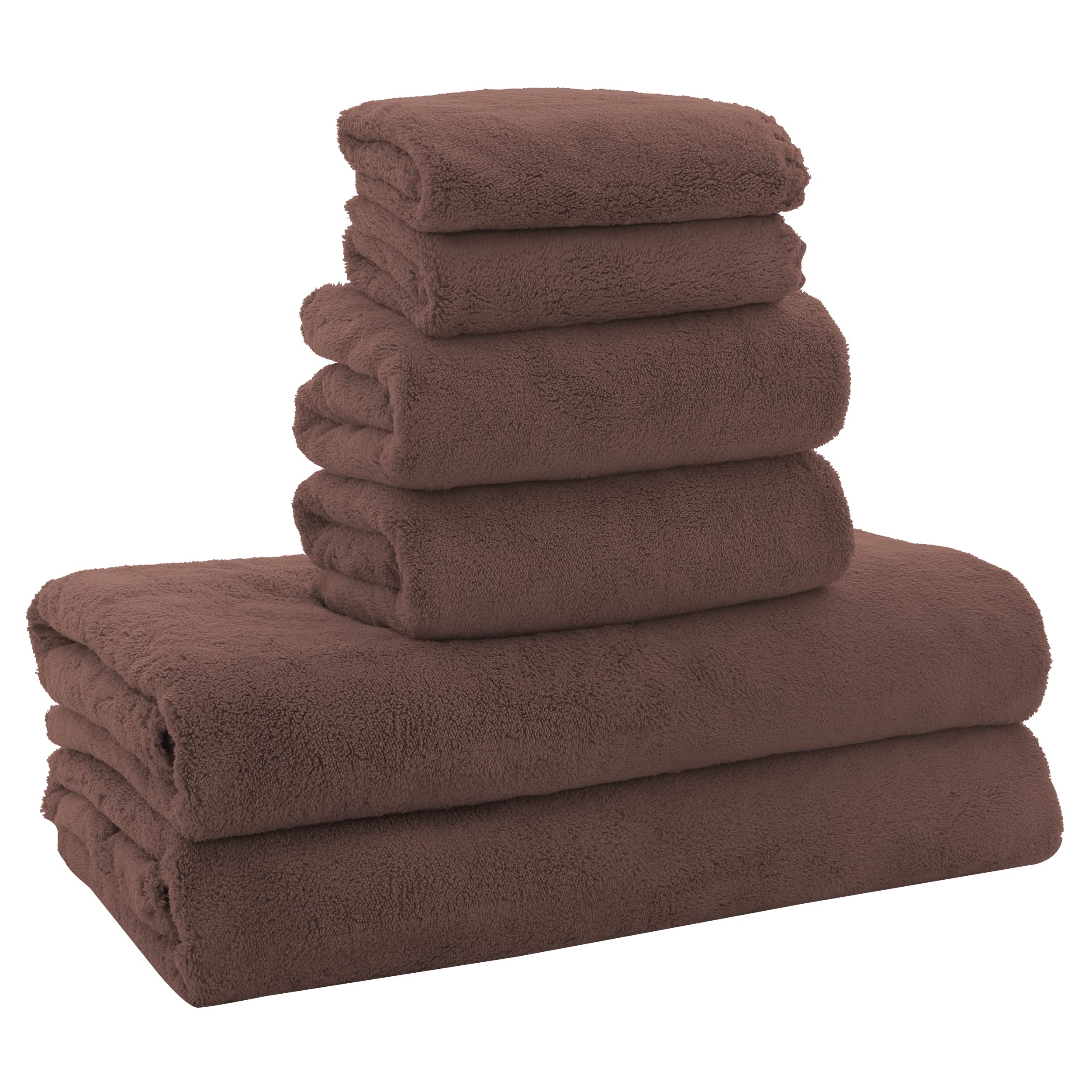 Moonqueen Ultra Soft Microfiber Coral Velvet Towel Set - Quick Drying, 2 Bath Towels, 2 Hand Towels, 2 Washcloths - Wood Brown,