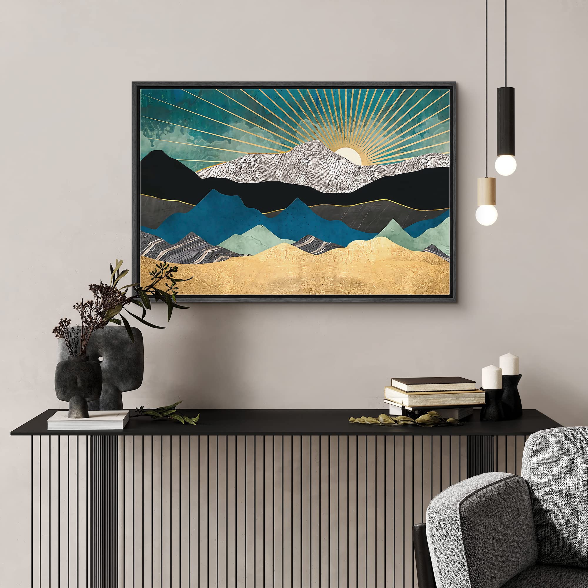 Signford Framed Canvas Print Wall Art Teal Gold Mountain Range Sunshine Nature Wilderness Illustrations Modern Art Rustic Zen La