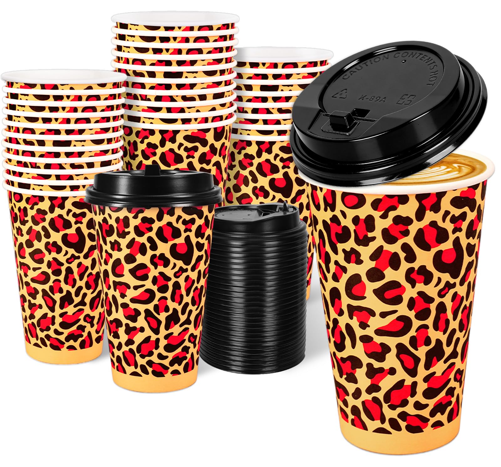 Whaline 50 Pcs Leopard Print Paper Cups Disposable Coffee Cups with Lids 16oz Brown Red Safari Animal Cheetah Party Cup for Hot 